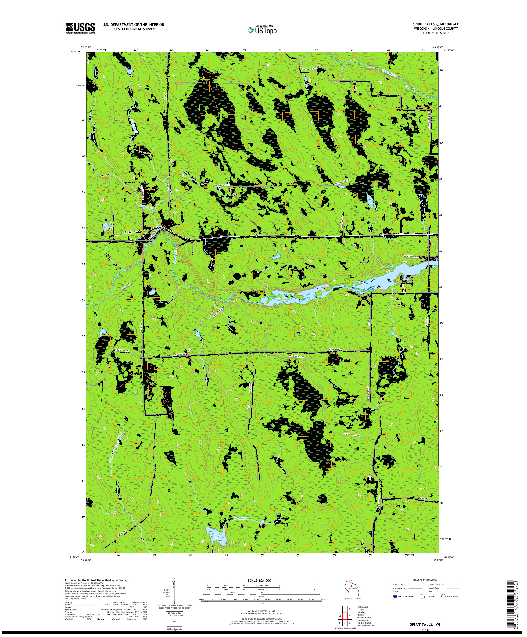 USGS US TOPO 7.5-MINUTE MAP FOR SPIRIT FALLS, WI 2018