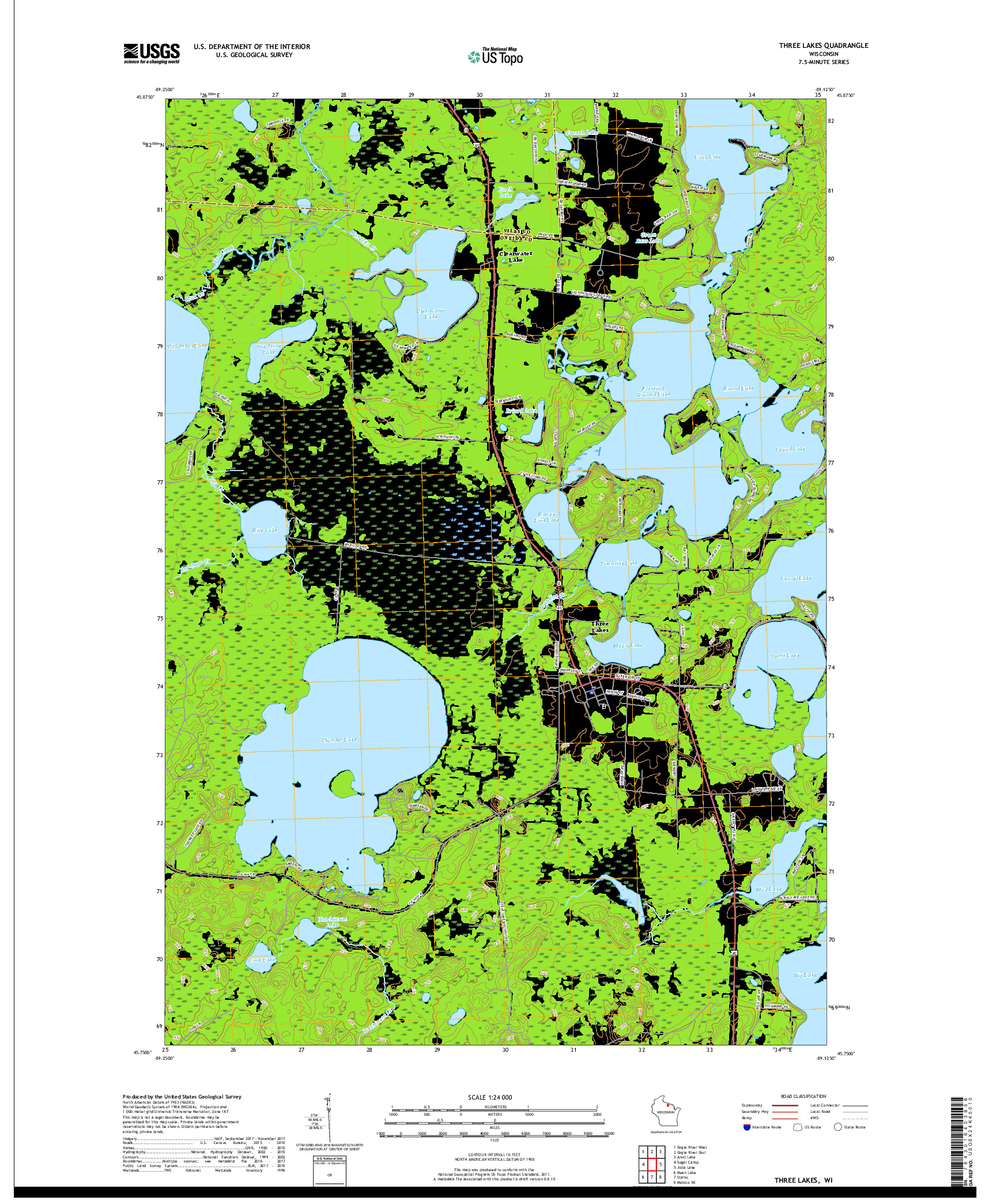 USGS US TOPO 7.5-MINUTE MAP FOR THREE LAKES, WI 2018