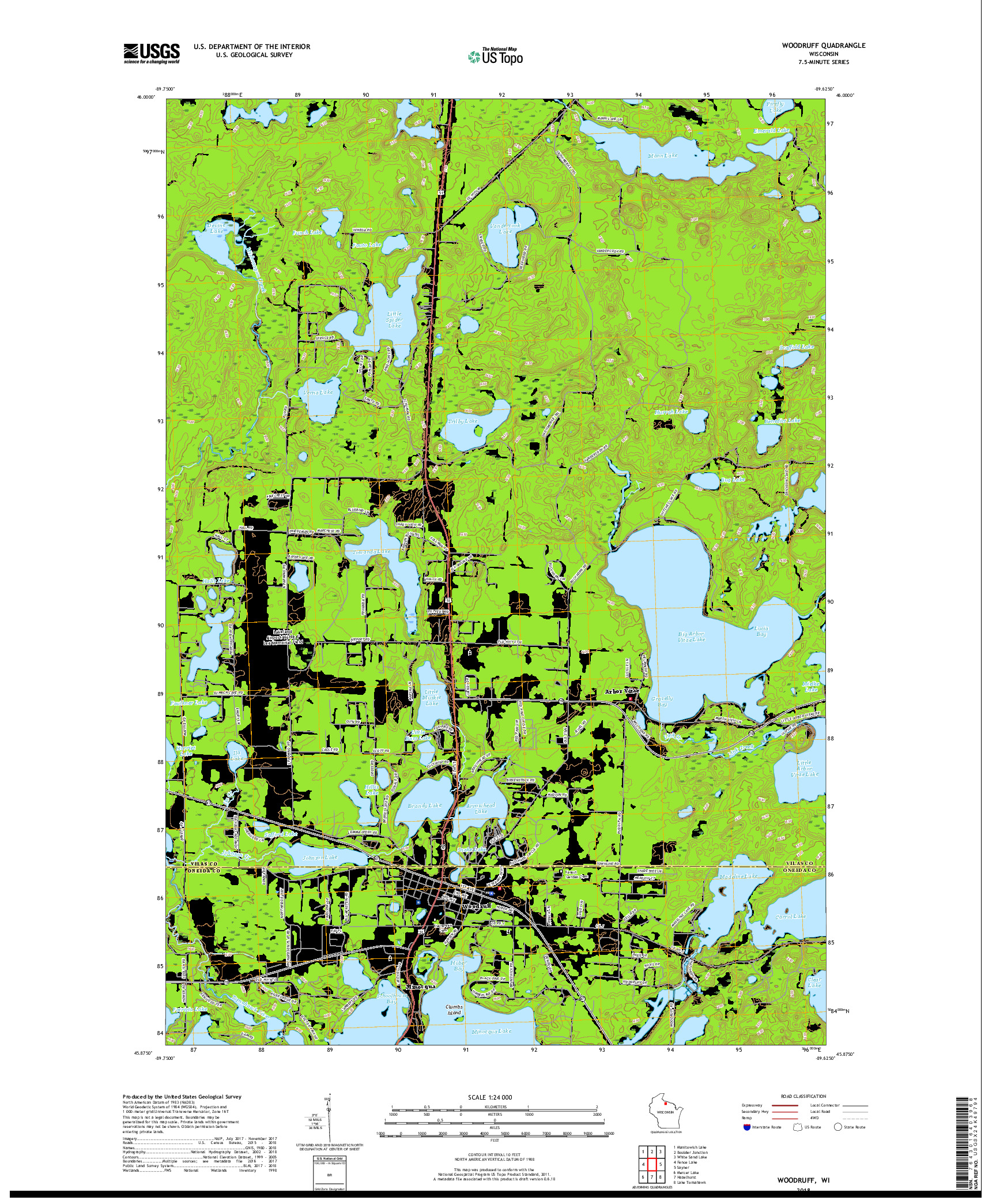 USGS US TOPO 7.5-MINUTE MAP FOR WOODRUFF, WI 2018