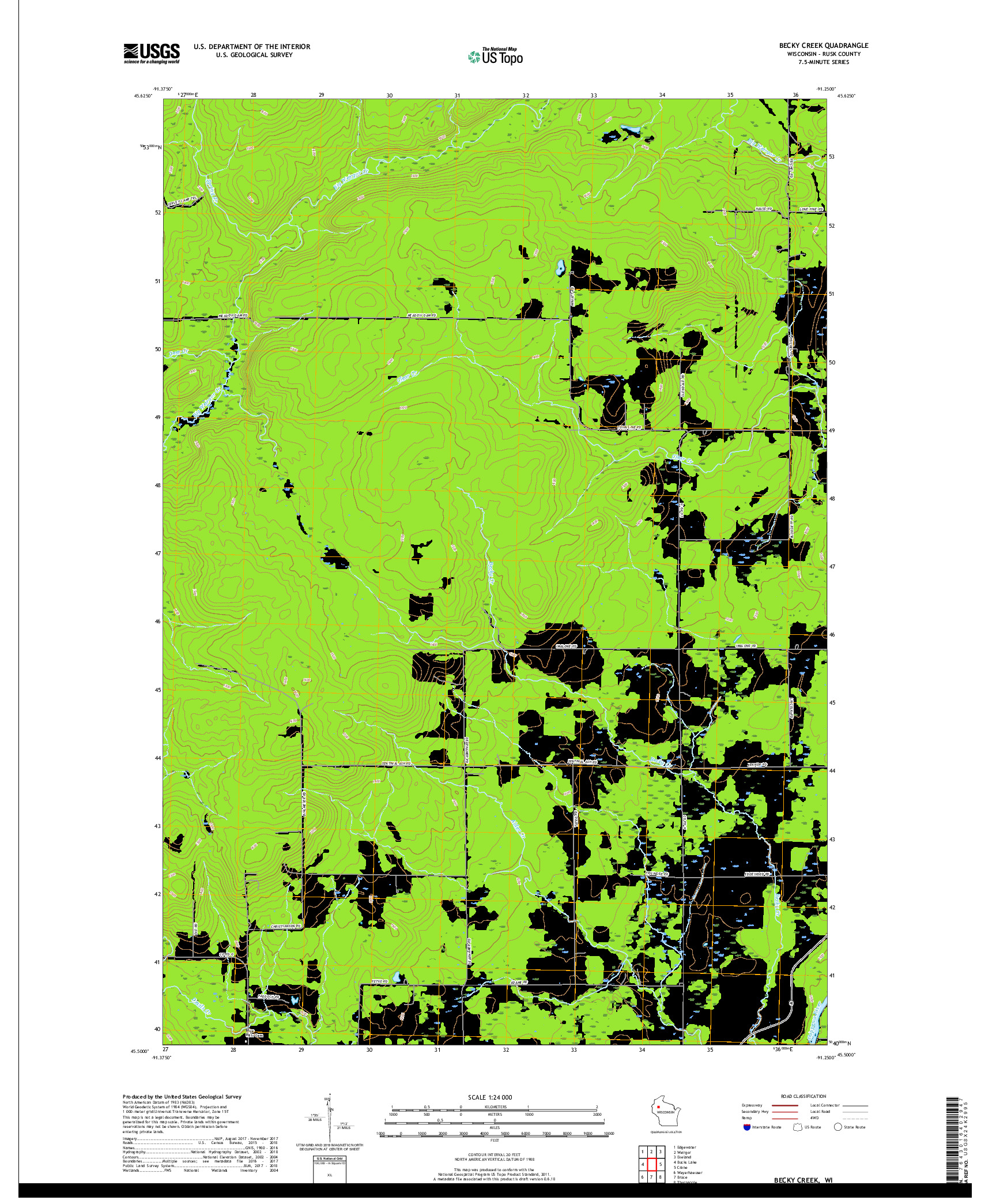 USGS US TOPO 7.5-MINUTE MAP FOR BECKY CREEK, WI 2018