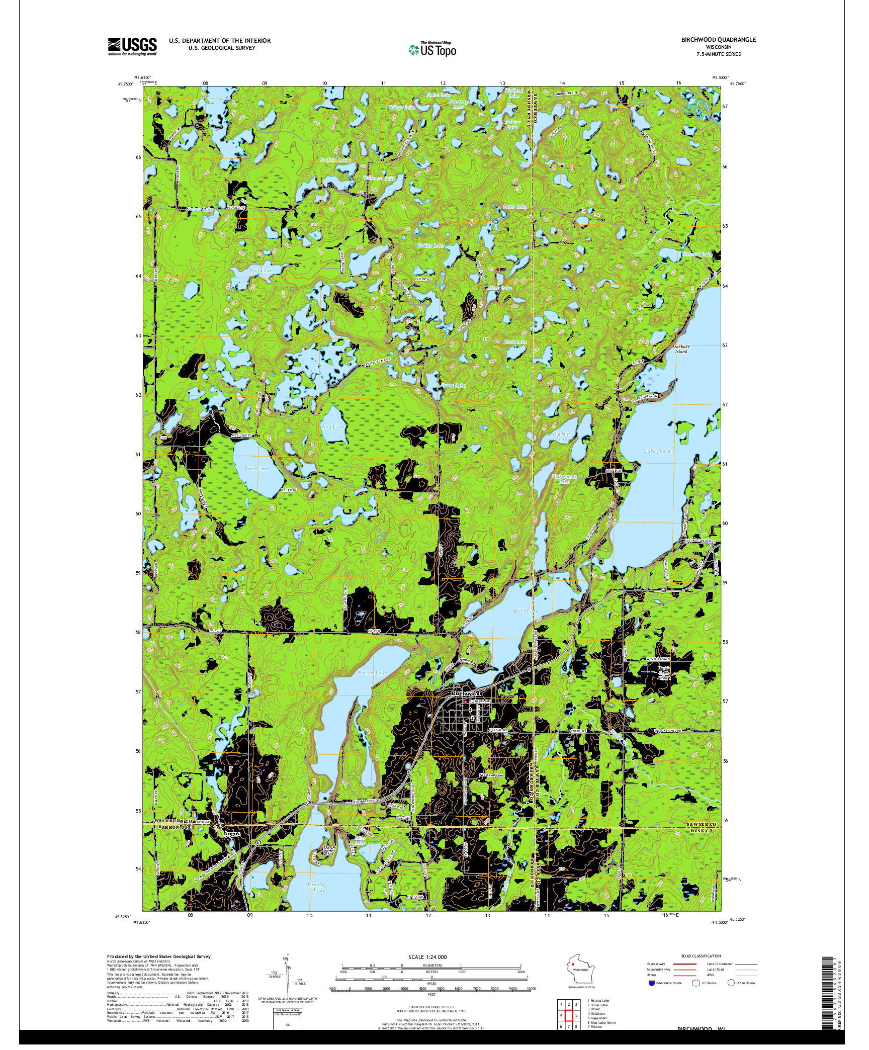 USGS US TOPO 7.5-MINUTE MAP FOR BIRCHWOOD, WI 2018