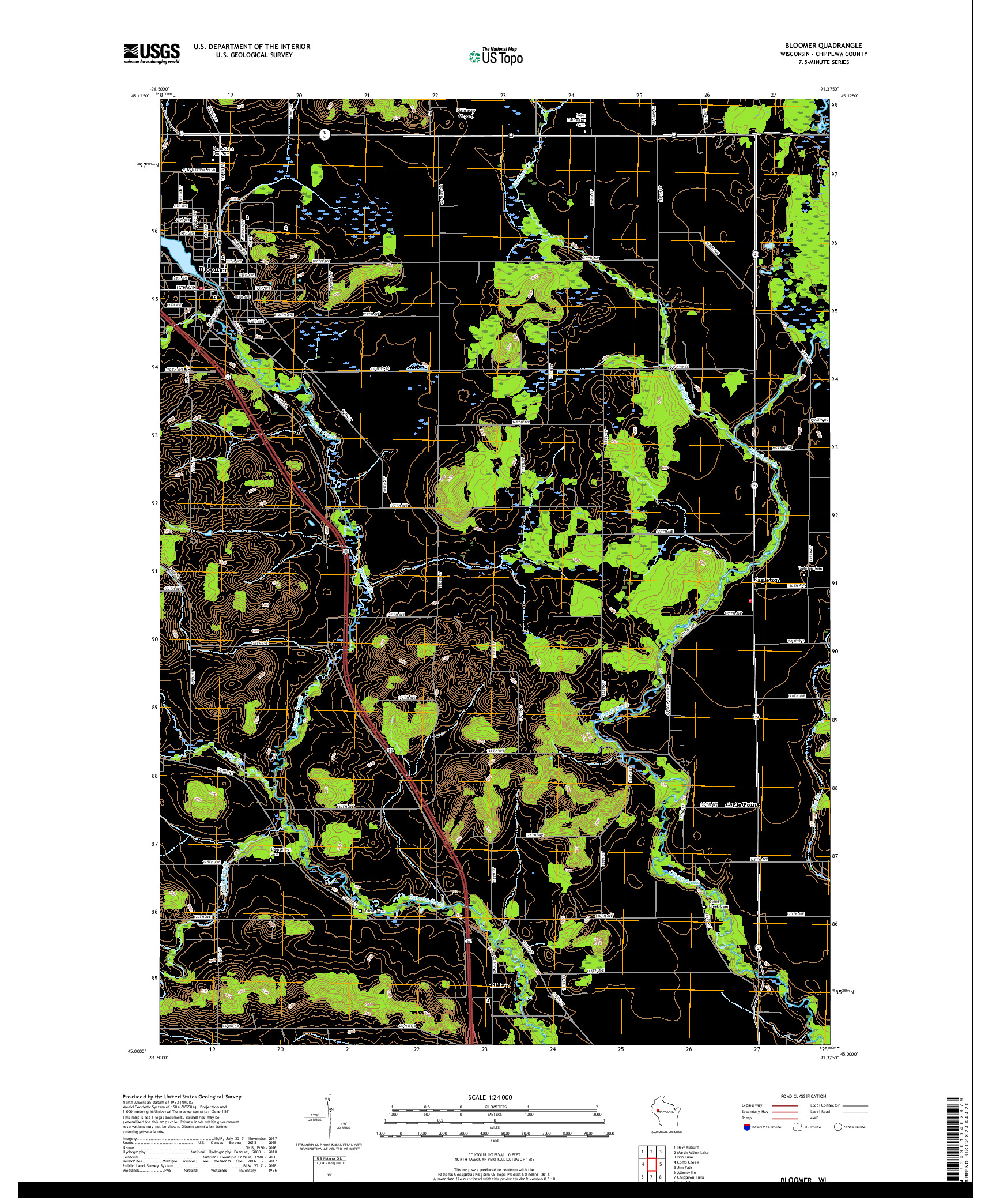 USGS US TOPO 7.5-MINUTE MAP FOR BLOOMER, WI 2018