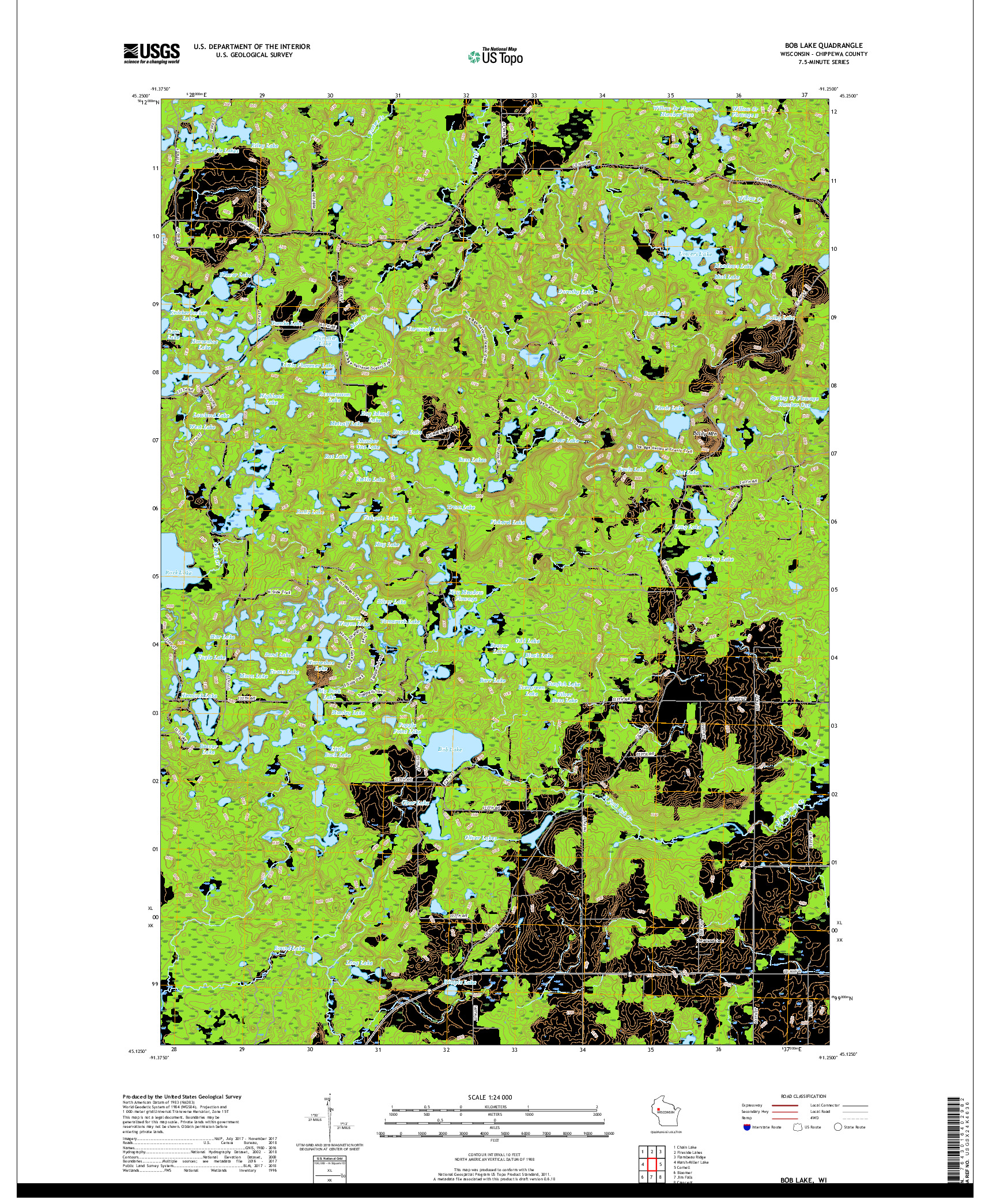 USGS US TOPO 7.5-MINUTE MAP FOR BOB LAKE, WI 2018