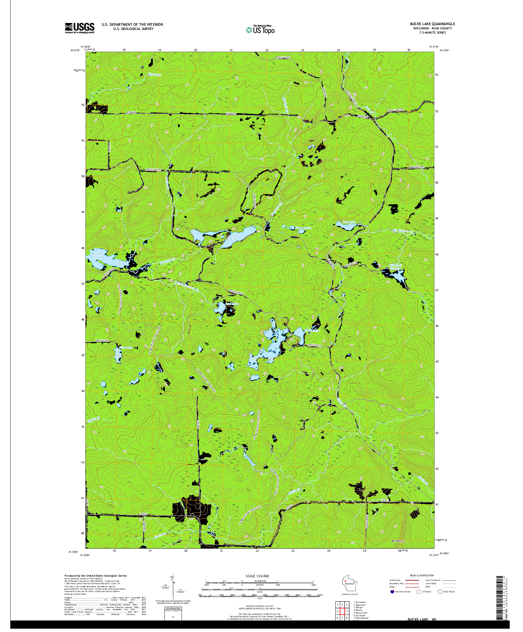 USGS US TOPO 7.5-MINUTE MAP FOR BUCKS LAKE, WI 2018