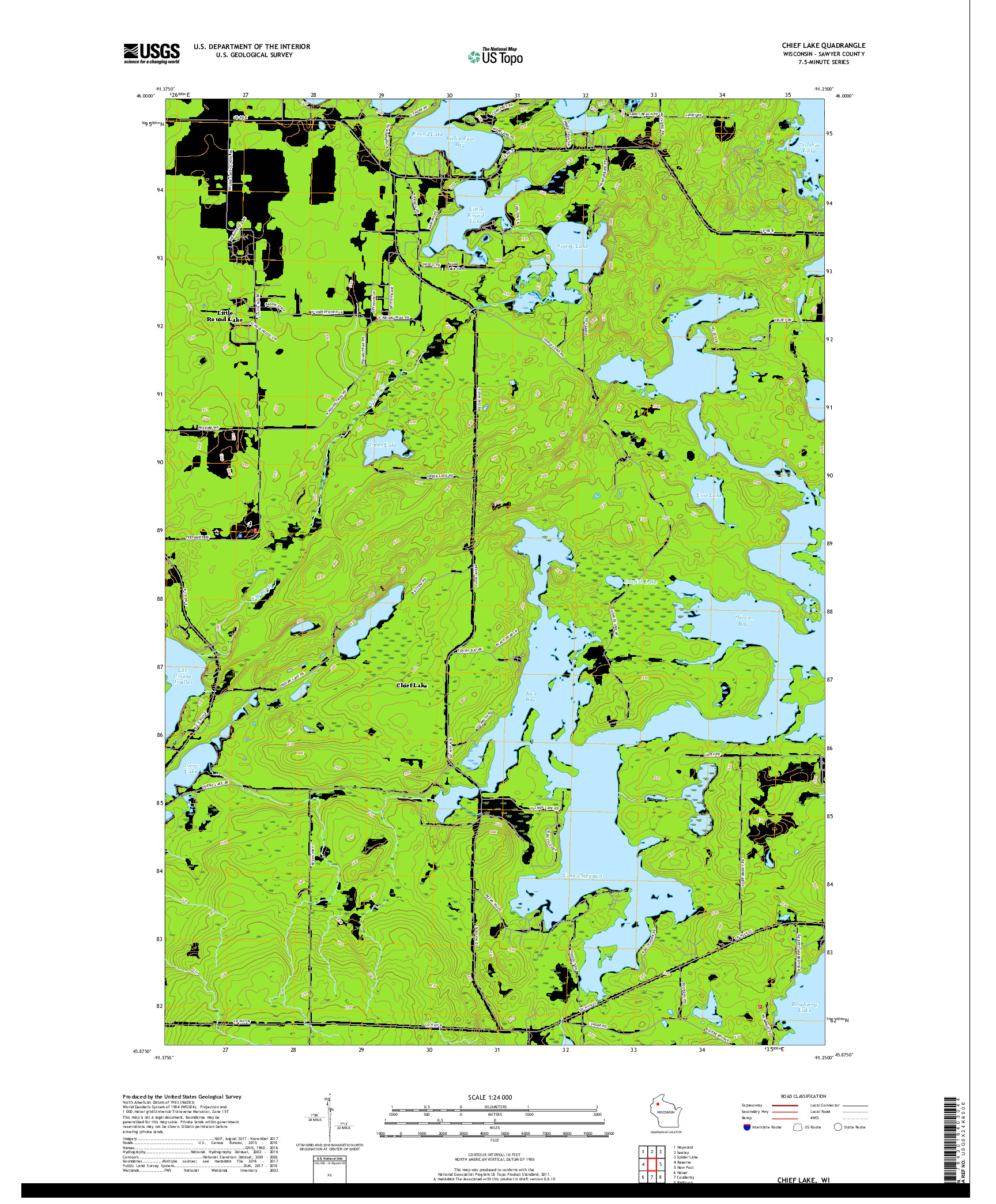 USGS US TOPO 7.5-MINUTE MAP FOR CHIEF LAKE, WI 2018