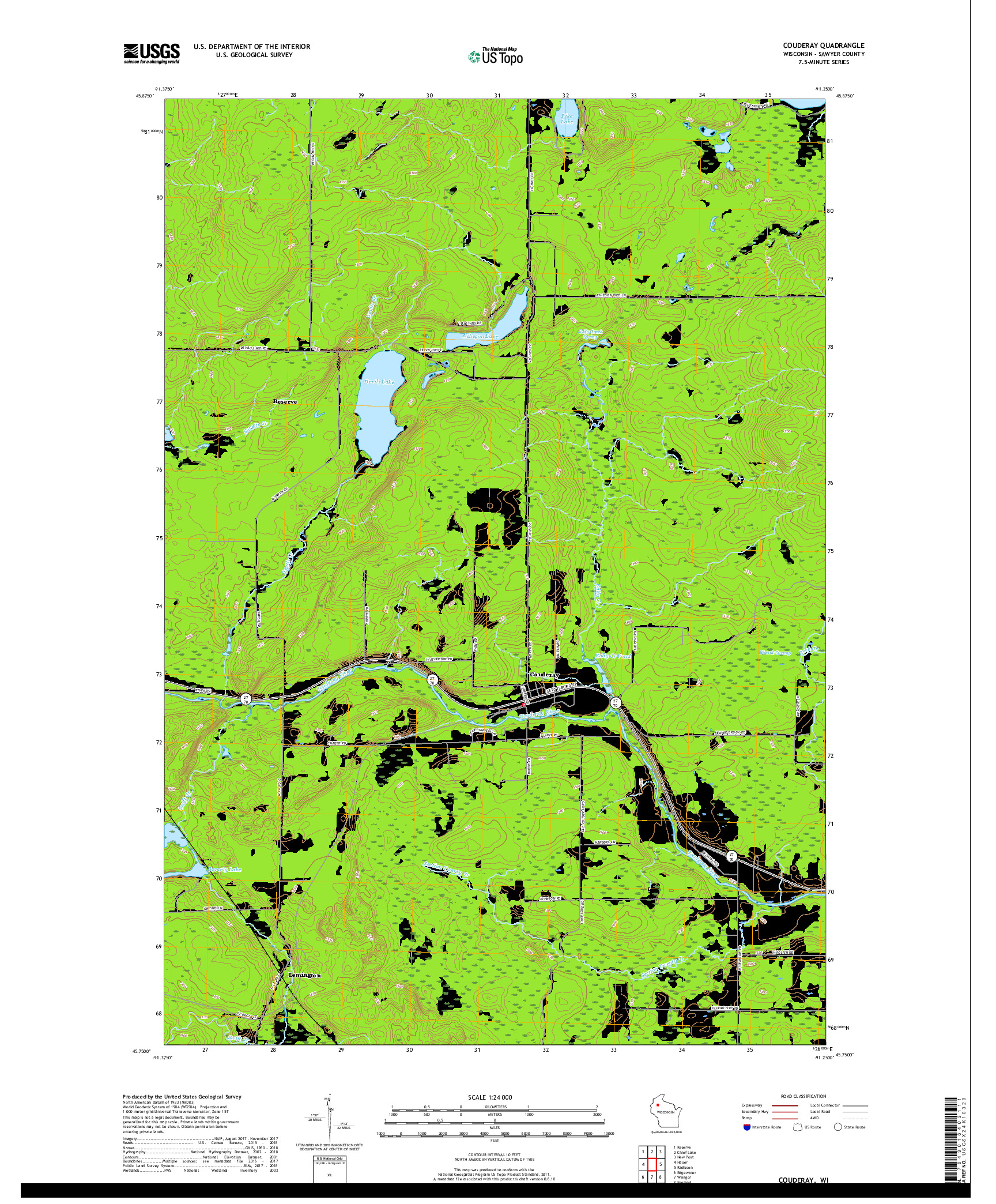 USGS US TOPO 7.5-MINUTE MAP FOR COUDERAY, WI 2018