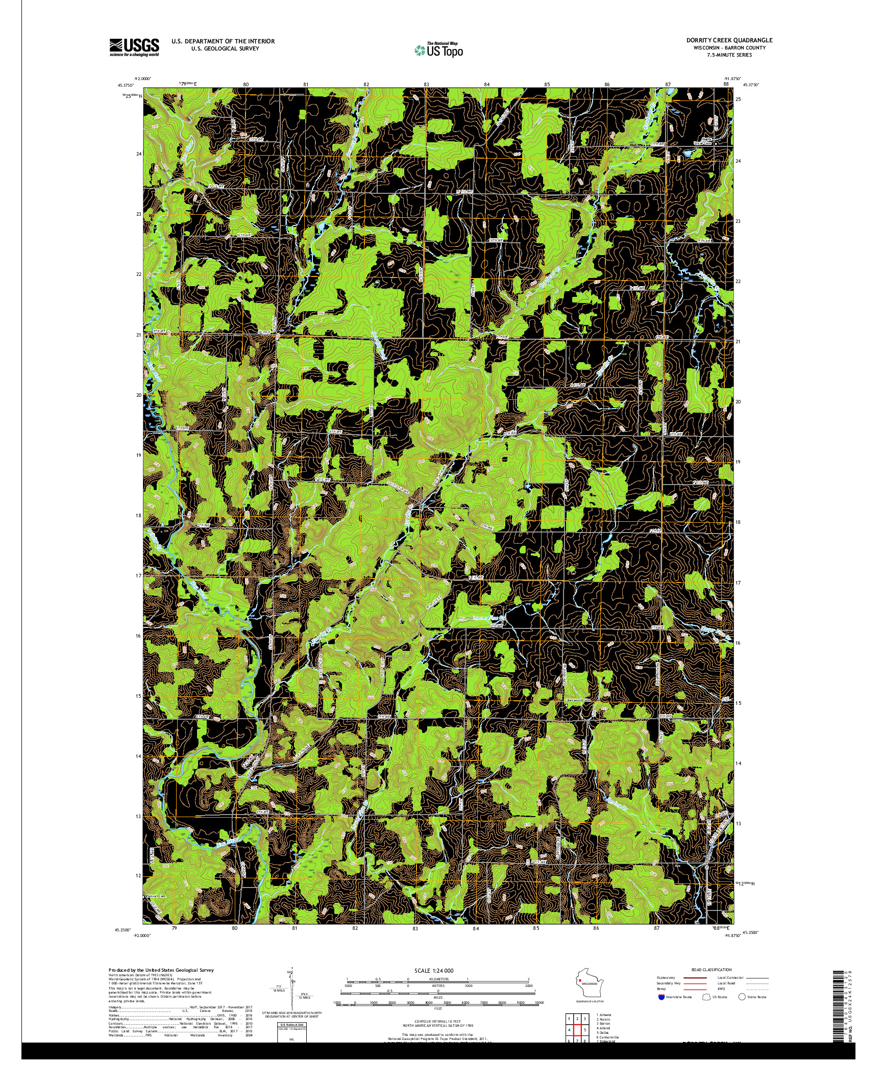 USGS US TOPO 7.5-MINUTE MAP FOR DORRITY CREEK, WI 2018