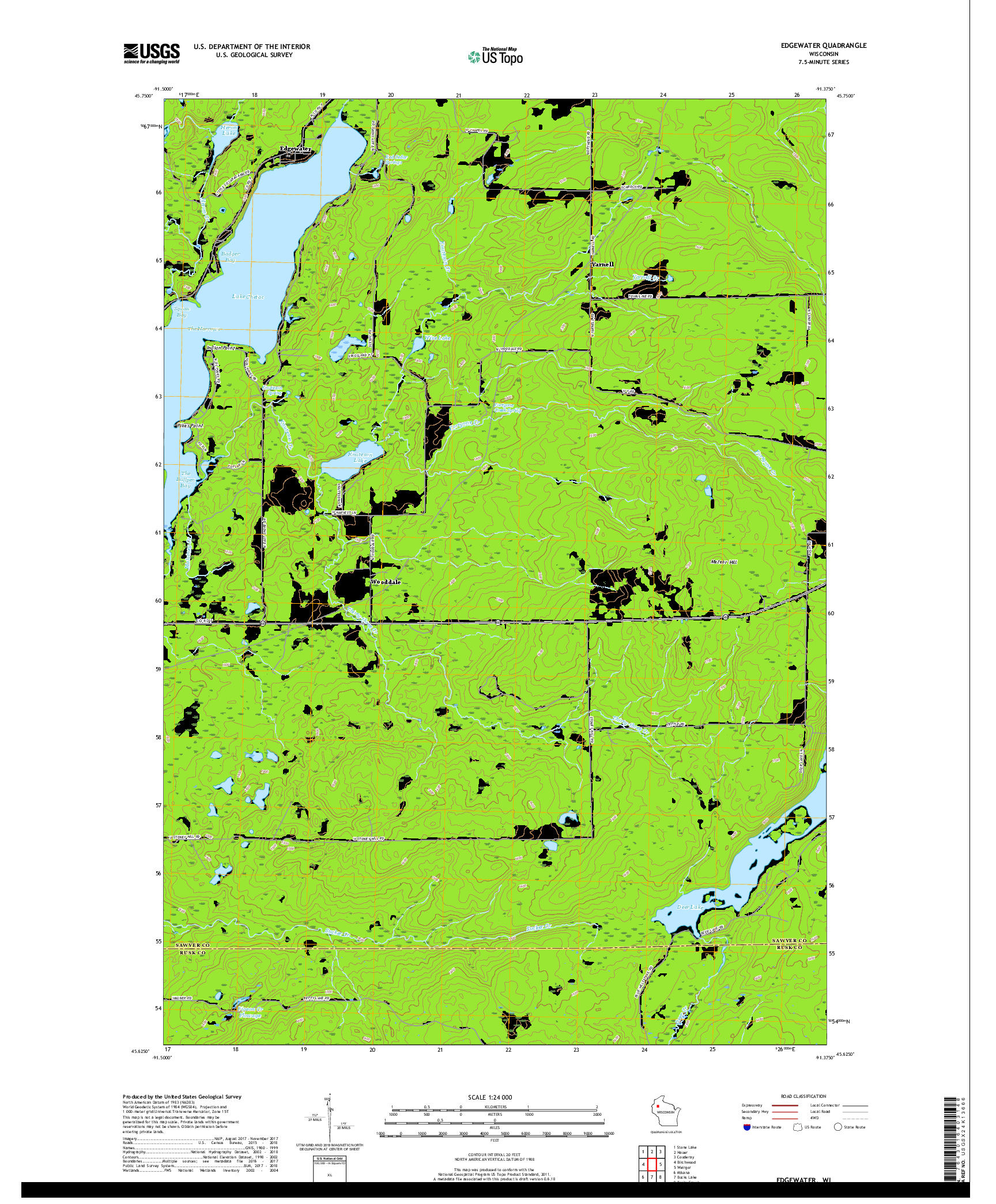 USGS US TOPO 7.5-MINUTE MAP FOR EDGEWATER, WI 2018