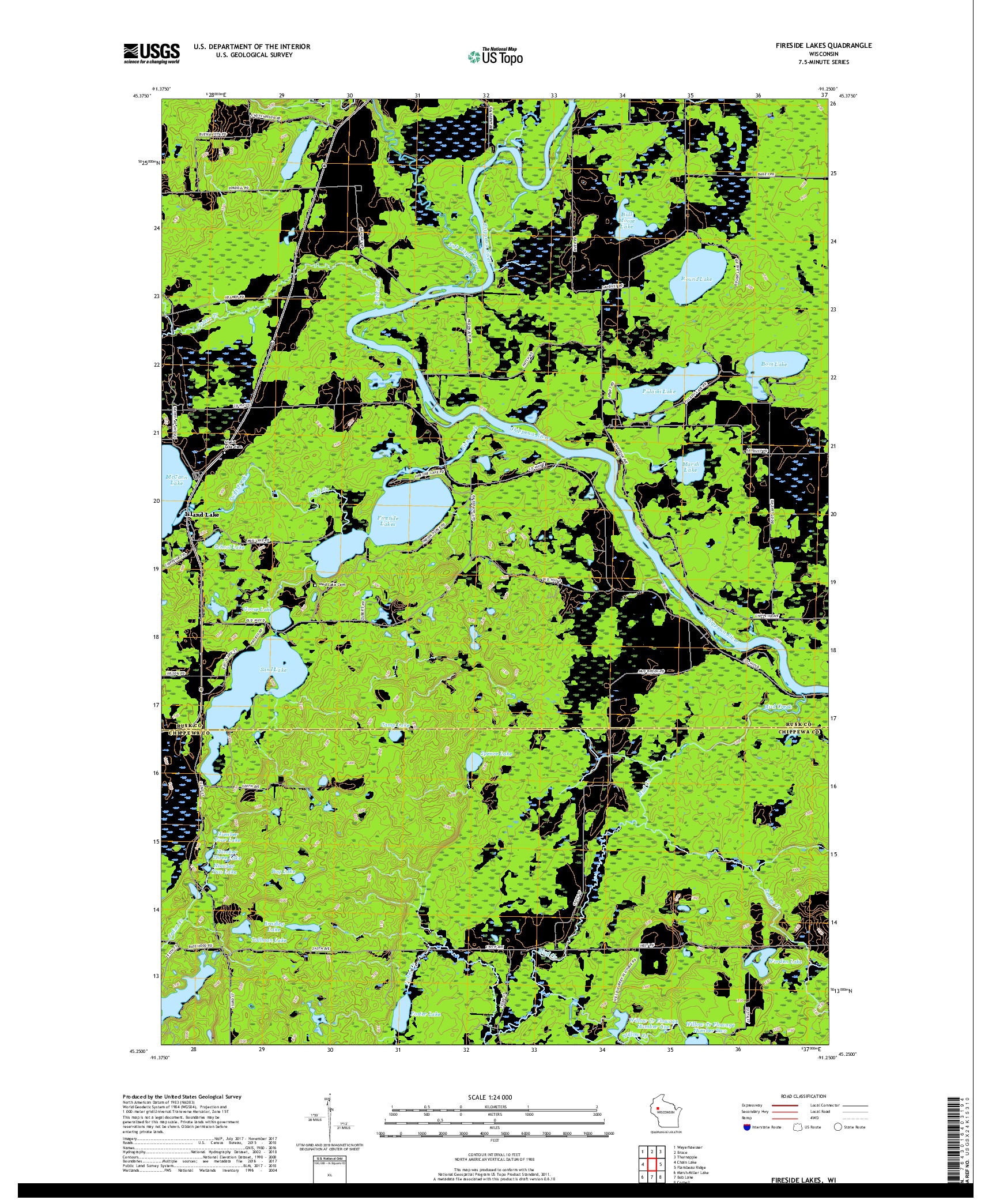 USGS US TOPO 7.5-MINUTE MAP FOR FIRESIDE LAKES, WI 2018