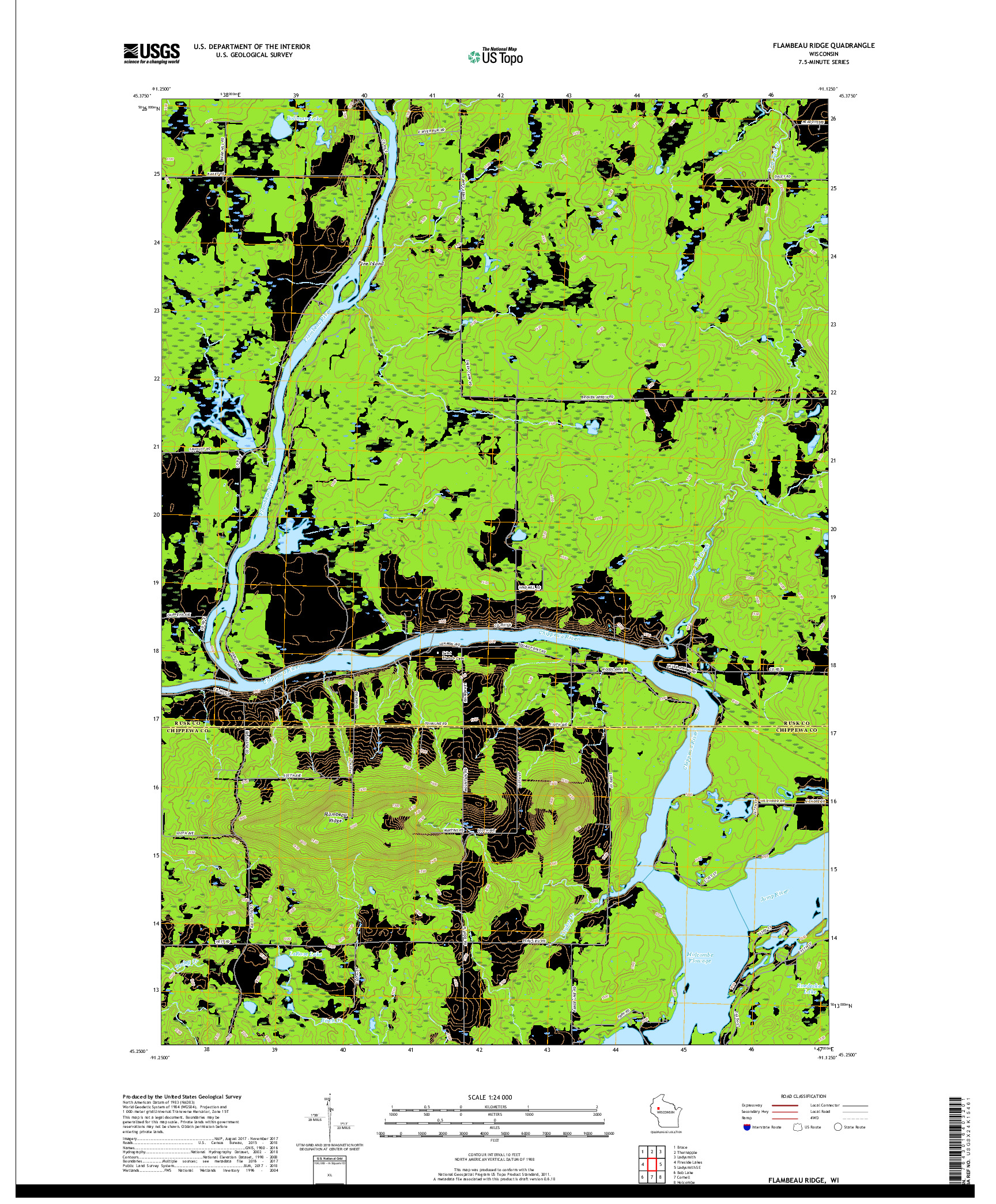 USGS US TOPO 7.5-MINUTE MAP FOR FLAMBEAU RIDGE, WI 2018