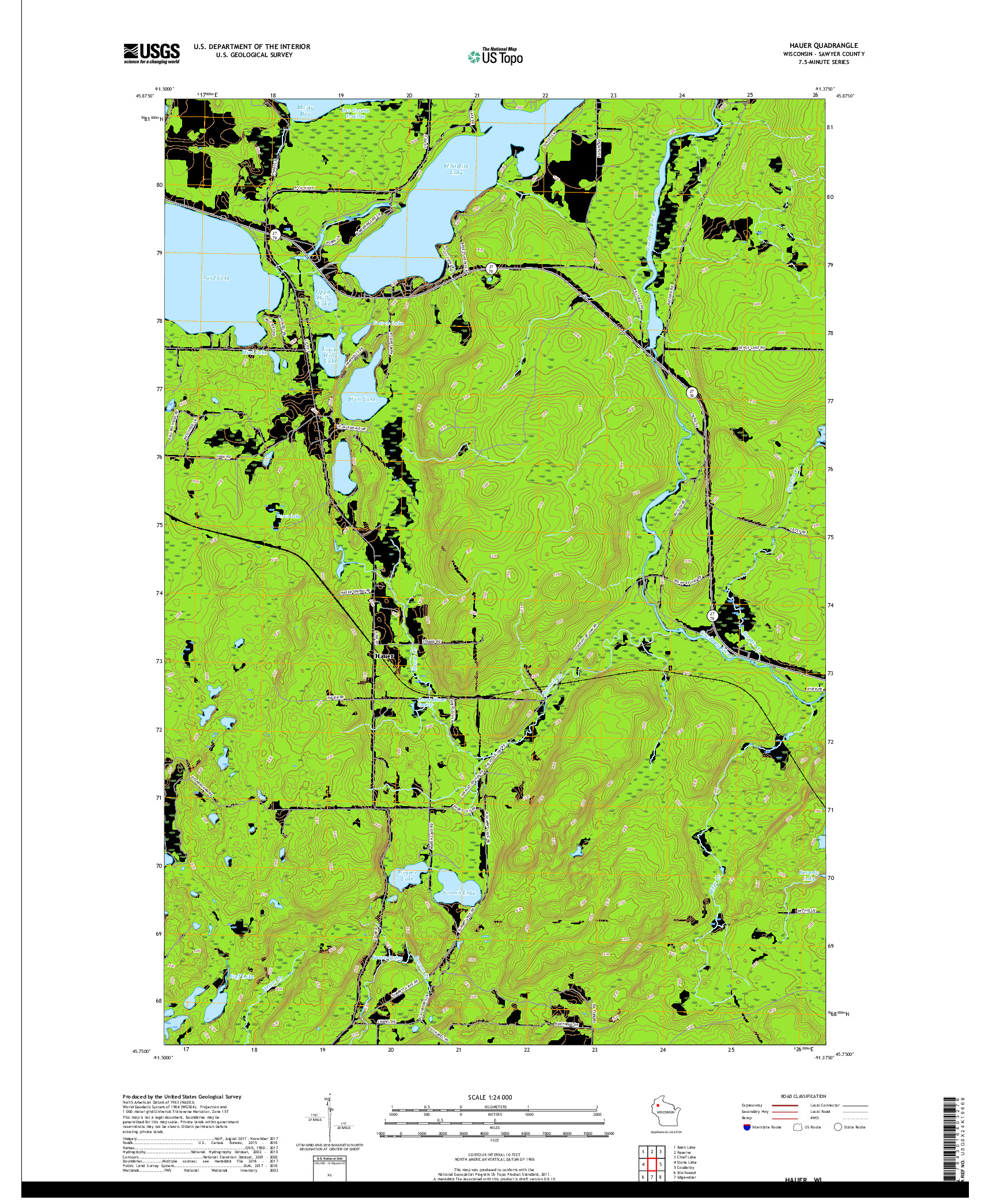 USGS US TOPO 7.5-MINUTE MAP FOR HAUER, WI 2018