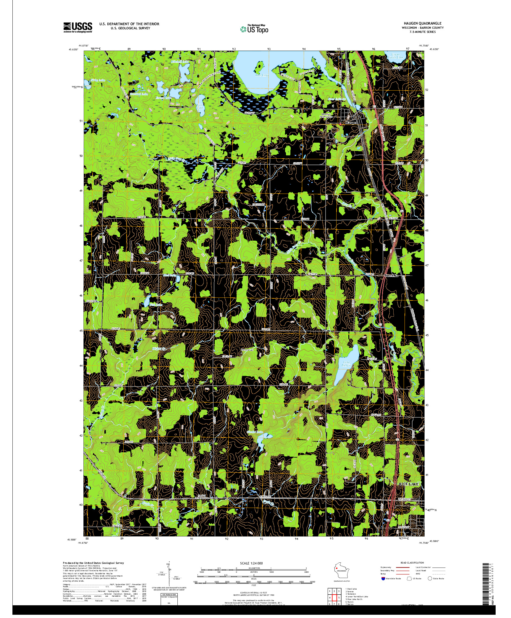 USGS US TOPO 7.5-MINUTE MAP FOR HAUGEN, WI 2018