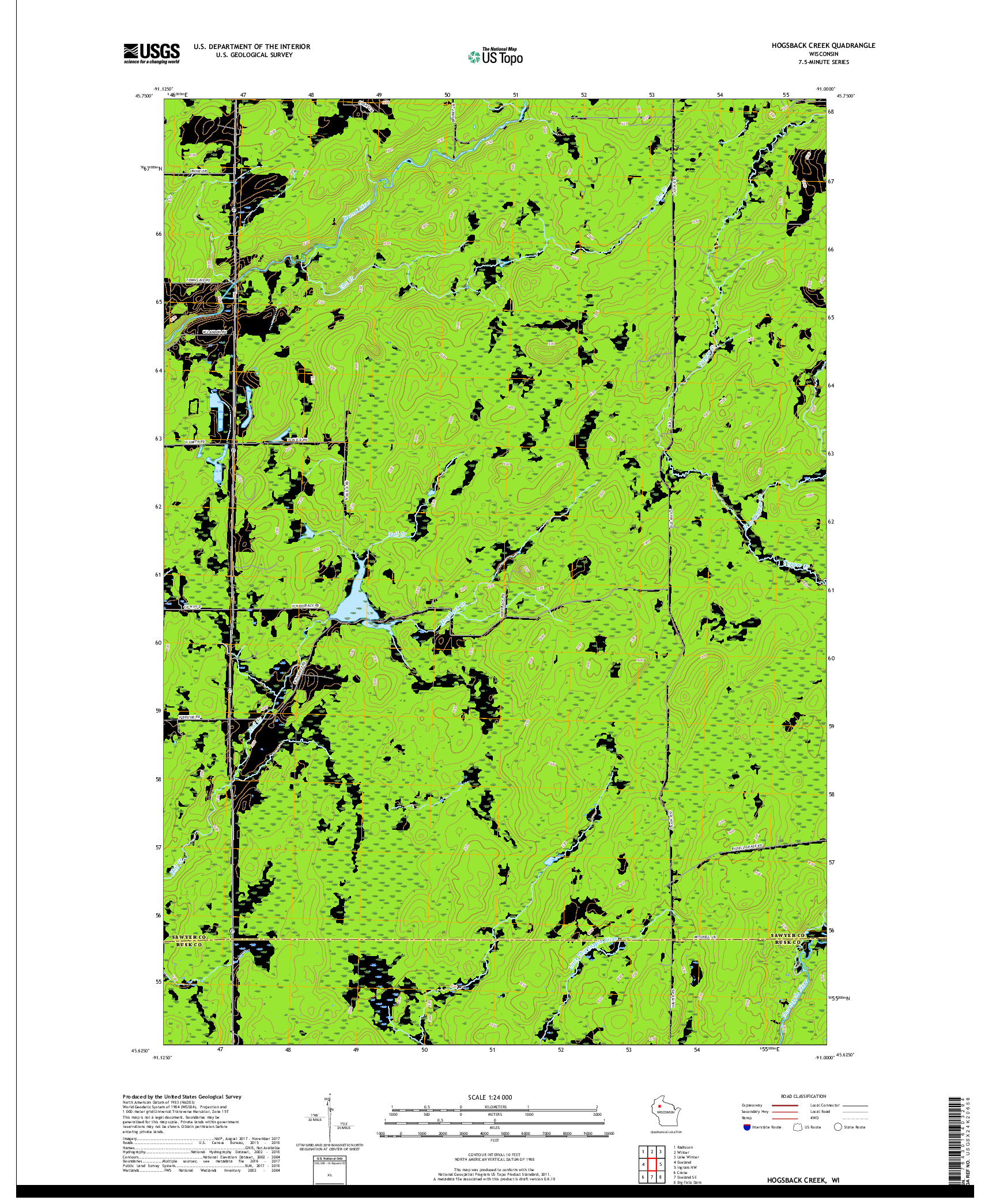 USGS US TOPO 7.5-MINUTE MAP FOR HOGSBACK CREEK, WI 2018