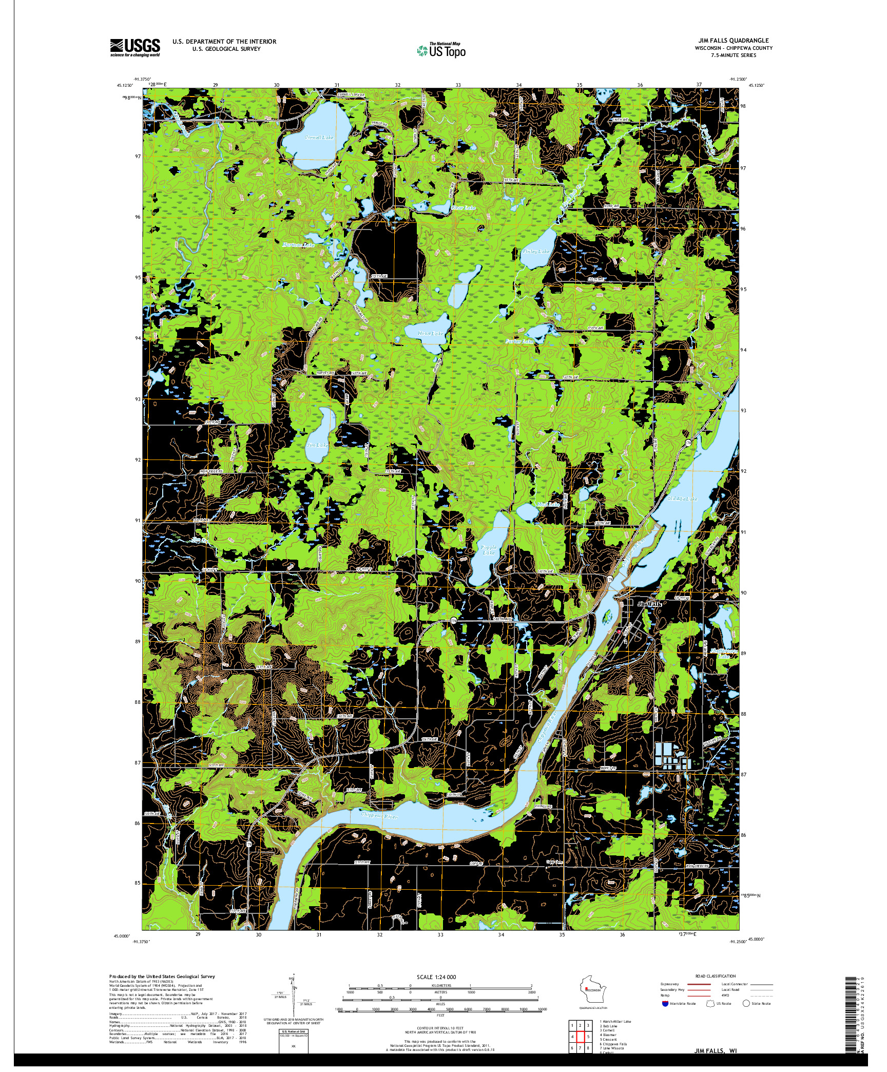 USGS US TOPO 7.5-MINUTE MAP FOR JIM FALLS, WI 2018