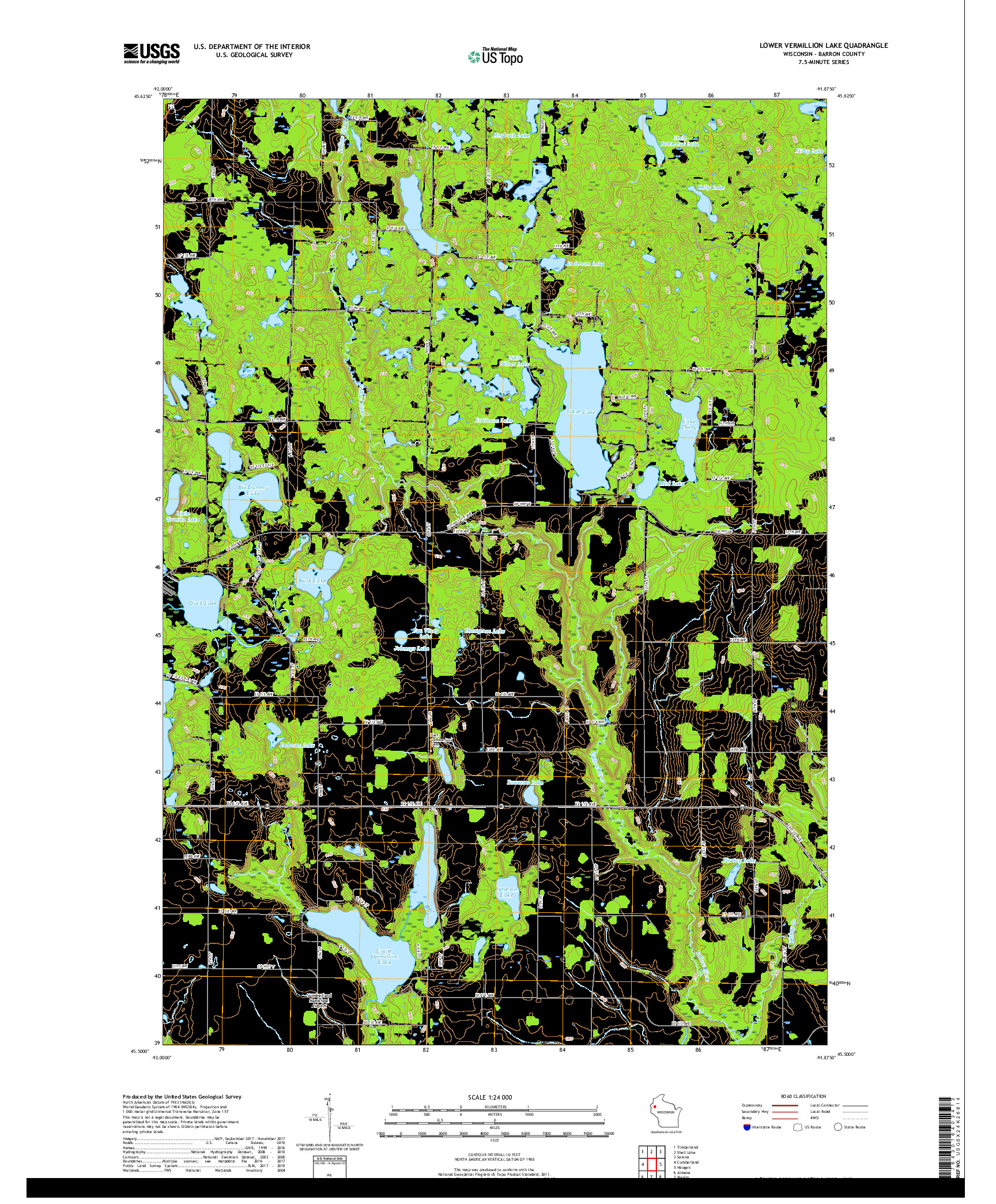 USGS US TOPO 7.5-MINUTE MAP FOR LOWER VERMILLION LAKE, WI 2018