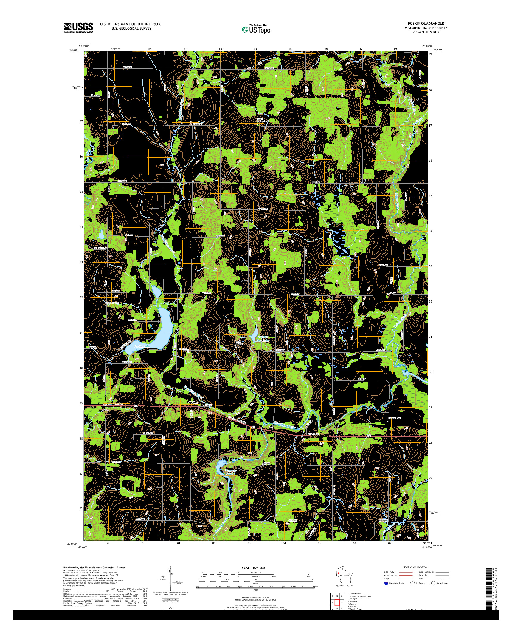 USGS US TOPO 7.5-MINUTE MAP FOR POSKIN, WI 2018