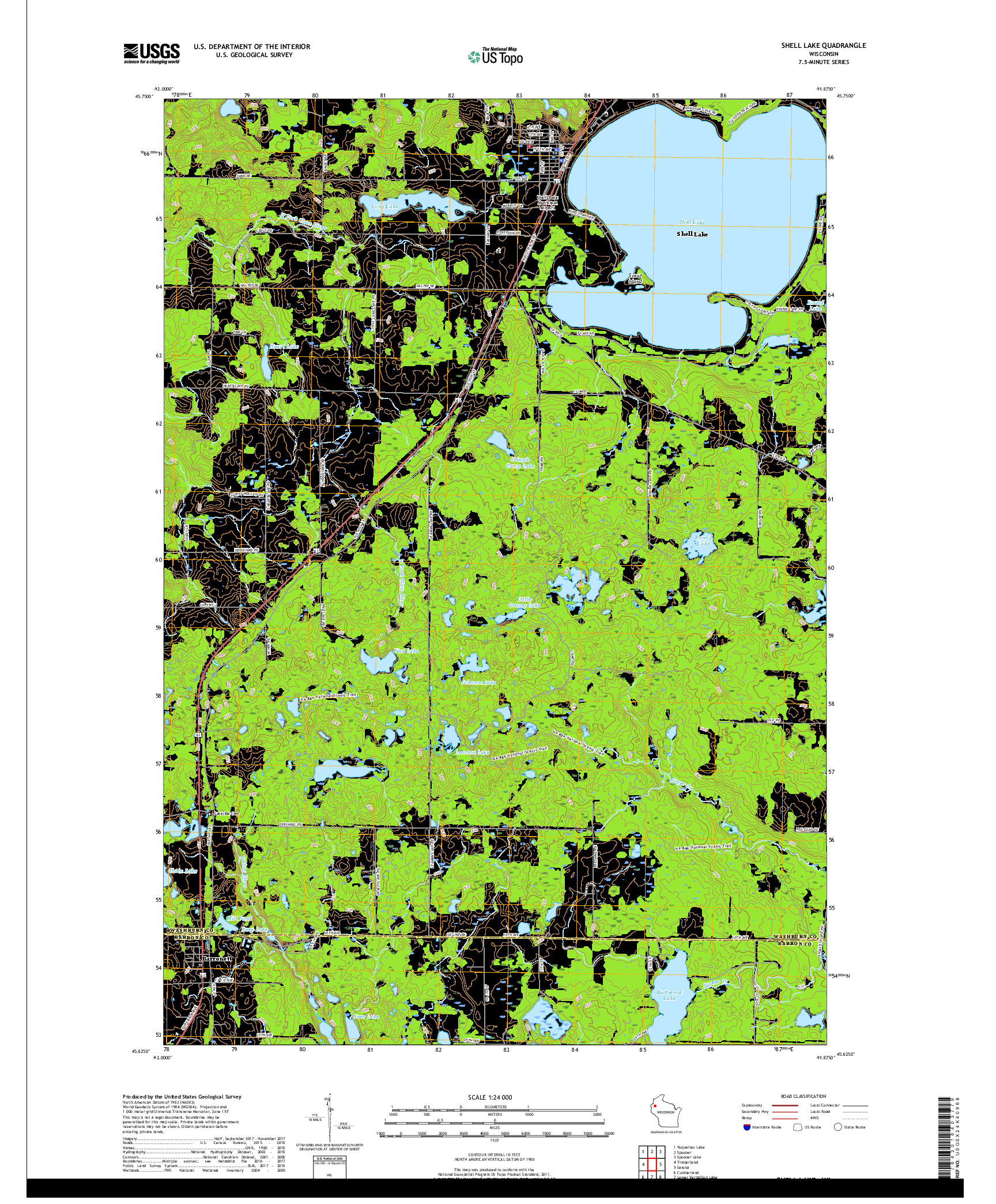 USGS US TOPO 7.5-MINUTE MAP FOR SHELL LAKE, WI 2018