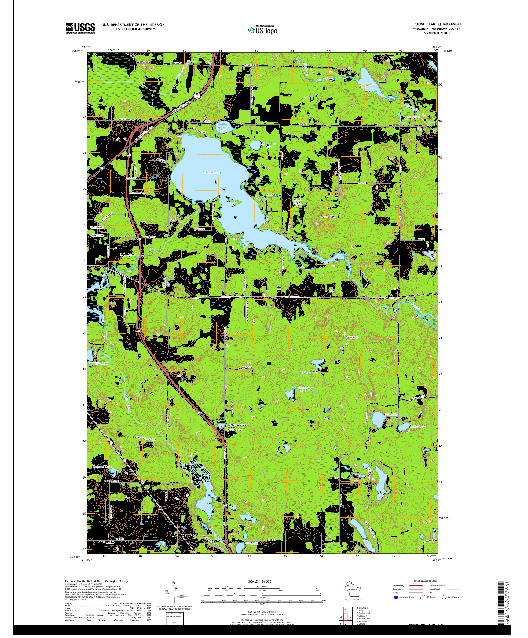 USGS US TOPO 7.5-MINUTE MAP FOR SPOONER LAKE, WI 2018