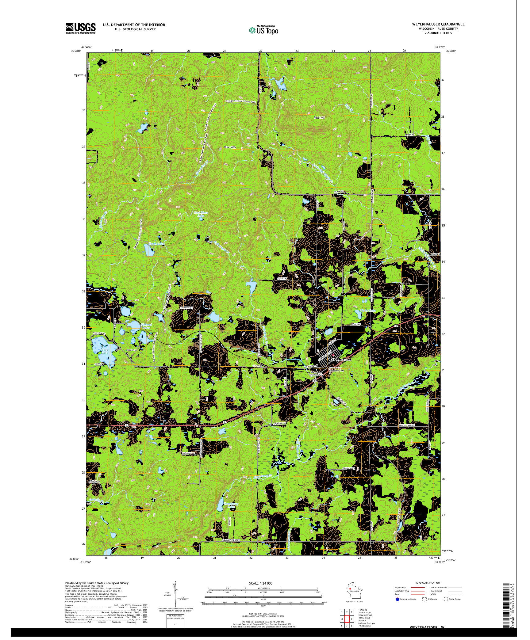 USGS US TOPO 7.5-MINUTE MAP FOR WEYERHAEUSER, WI 2018