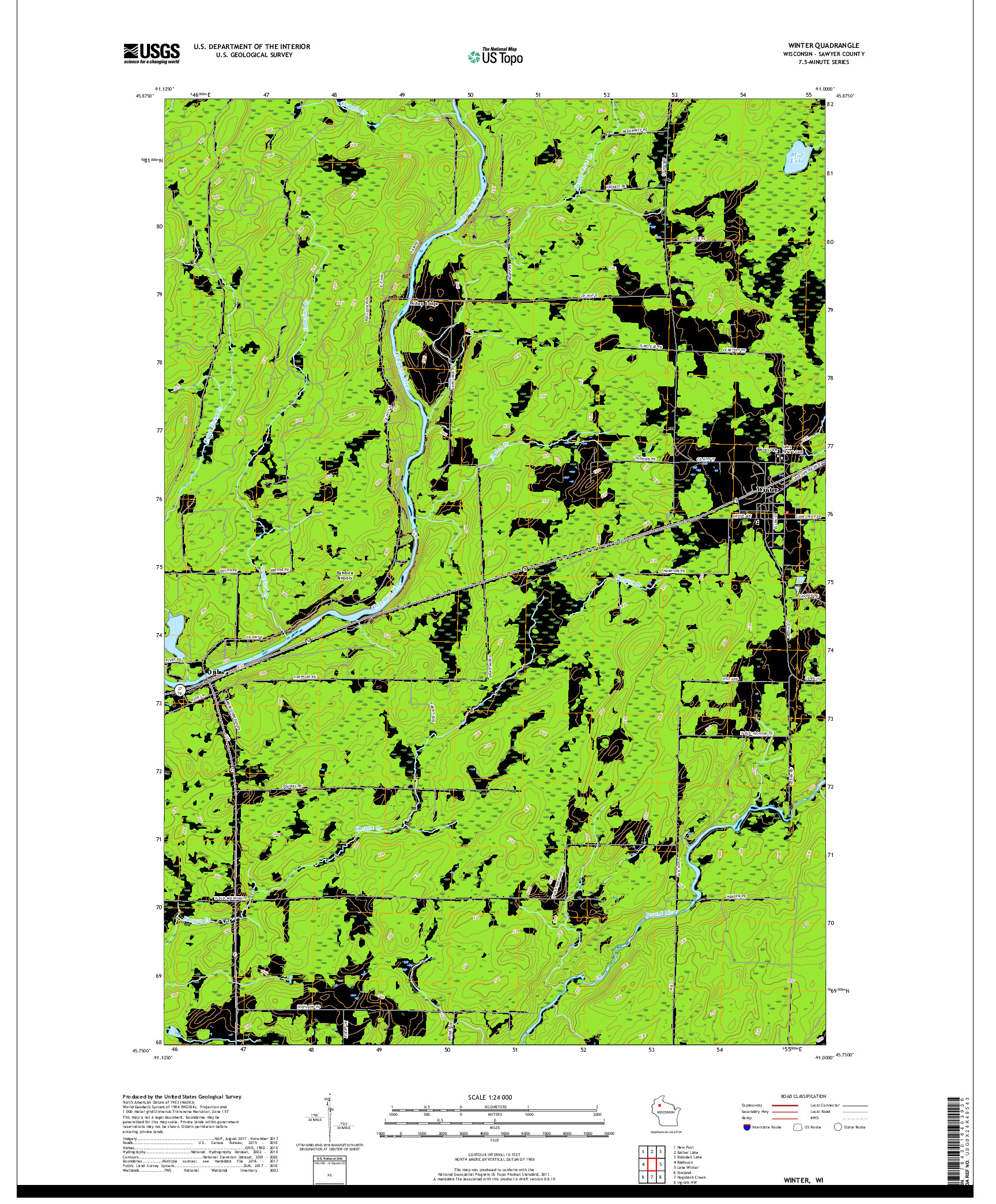 USGS US TOPO 7.5-MINUTE MAP FOR WINTER, WI 2018