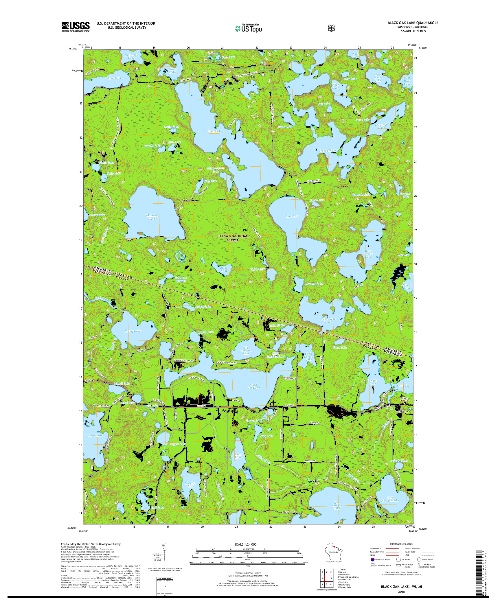 USGS US TOPO 7.5-MINUTE MAP FOR BLACK OAK LAKE, WI,MI 2018