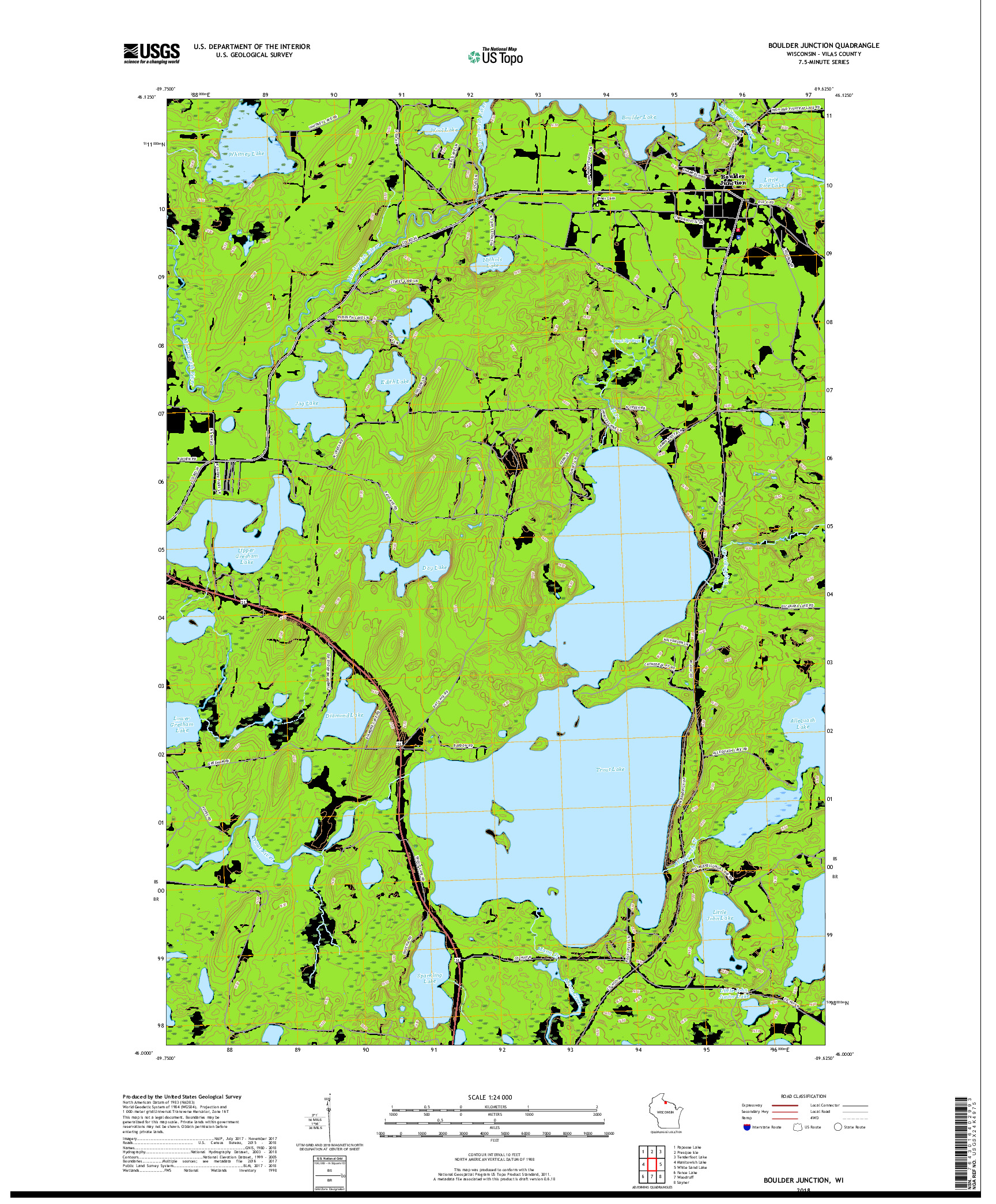 USGS US TOPO 7.5-MINUTE MAP FOR BOULDER JUNCTION, WI 2018