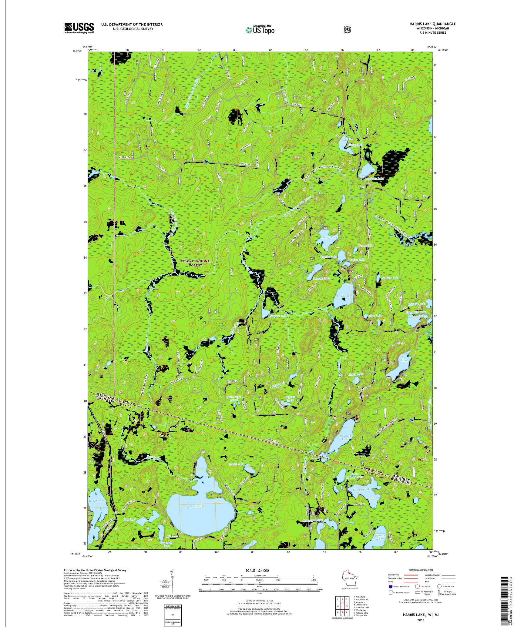 USGS US TOPO 7.5-MINUTE MAP FOR HARRIS LAKE, WI,MI 2018
