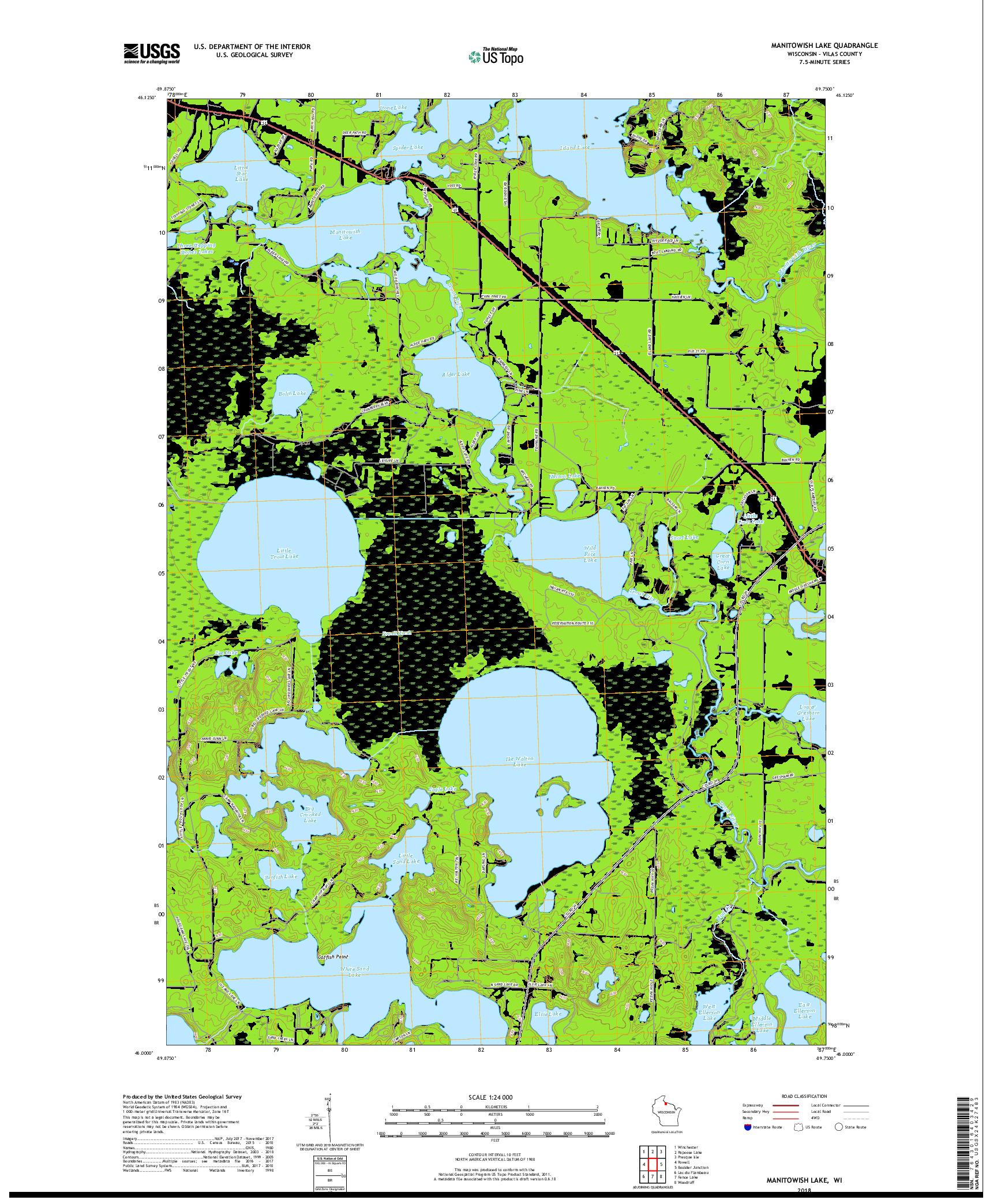 USGS US TOPO 7.5-MINUTE MAP FOR MANITOWISH LAKE, WI 2018