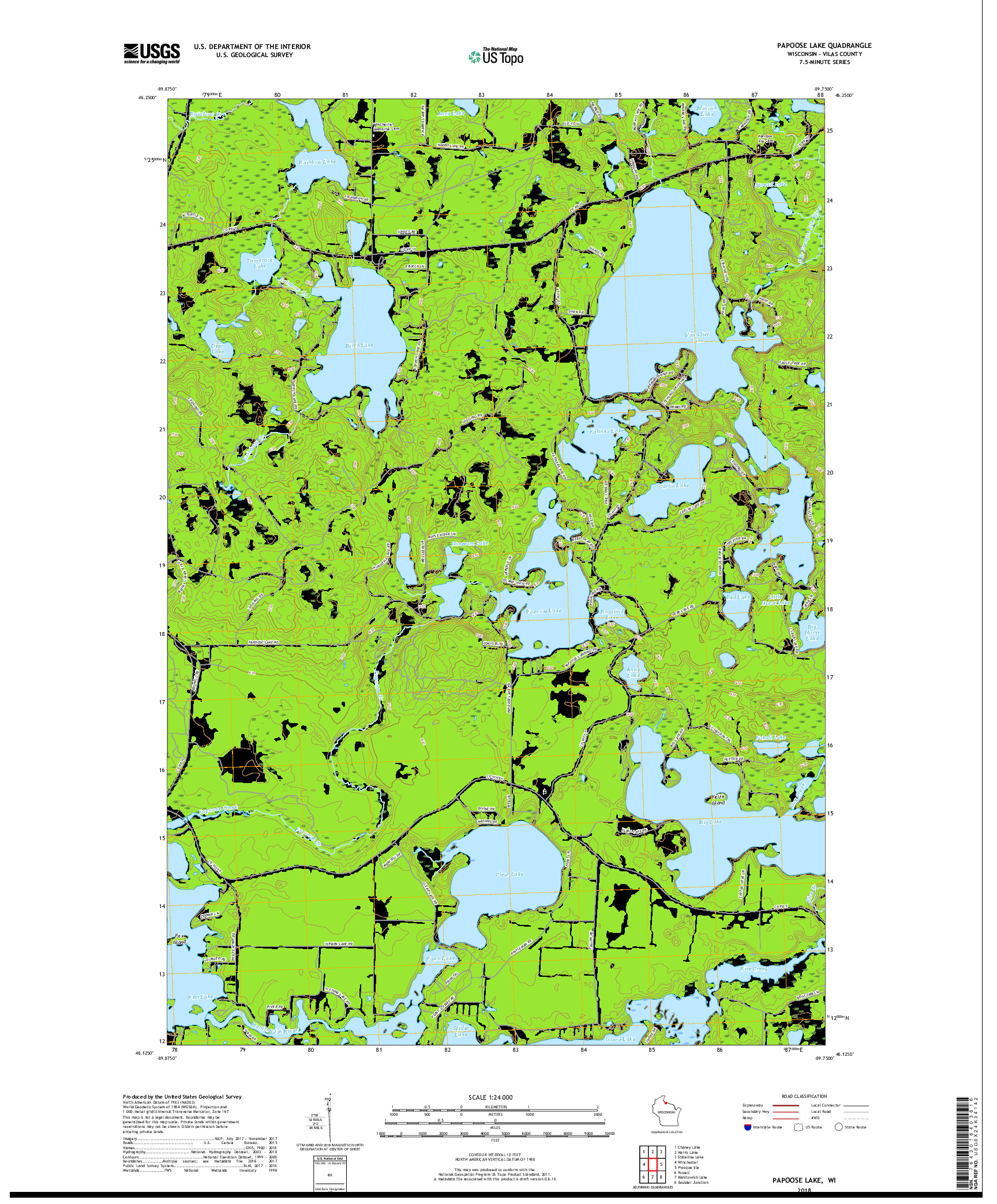 USGS US TOPO 7.5-MINUTE MAP FOR PAPOOSE LAKE, WI 2018