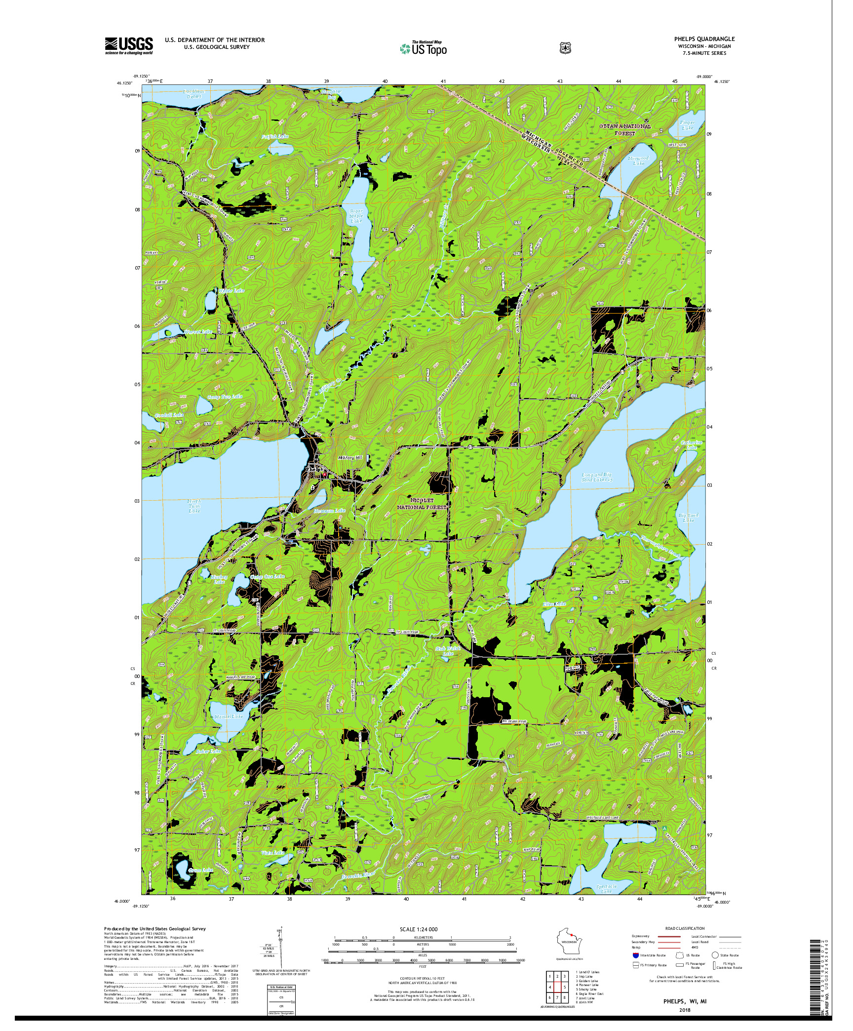 USGS US TOPO 7.5-MINUTE MAP FOR PHELPS, WI,MI 2018