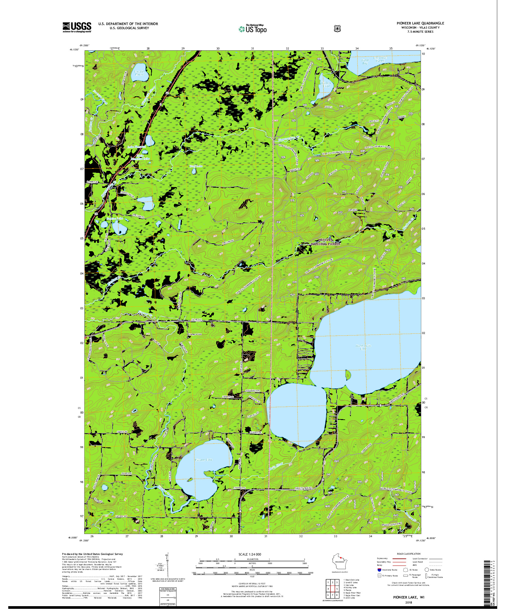 USGS US TOPO 7.5-MINUTE MAP FOR PIONEER LAKE, WI 2018
