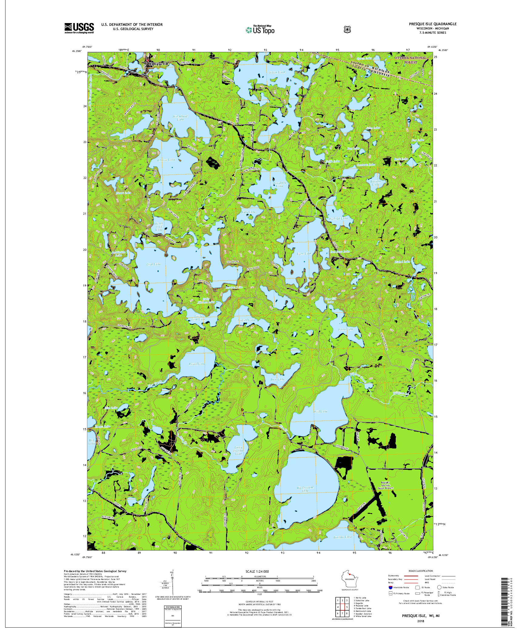 USGS US TOPO 7.5-MINUTE MAP FOR PRESQUE ISLE, WI,MI 2018