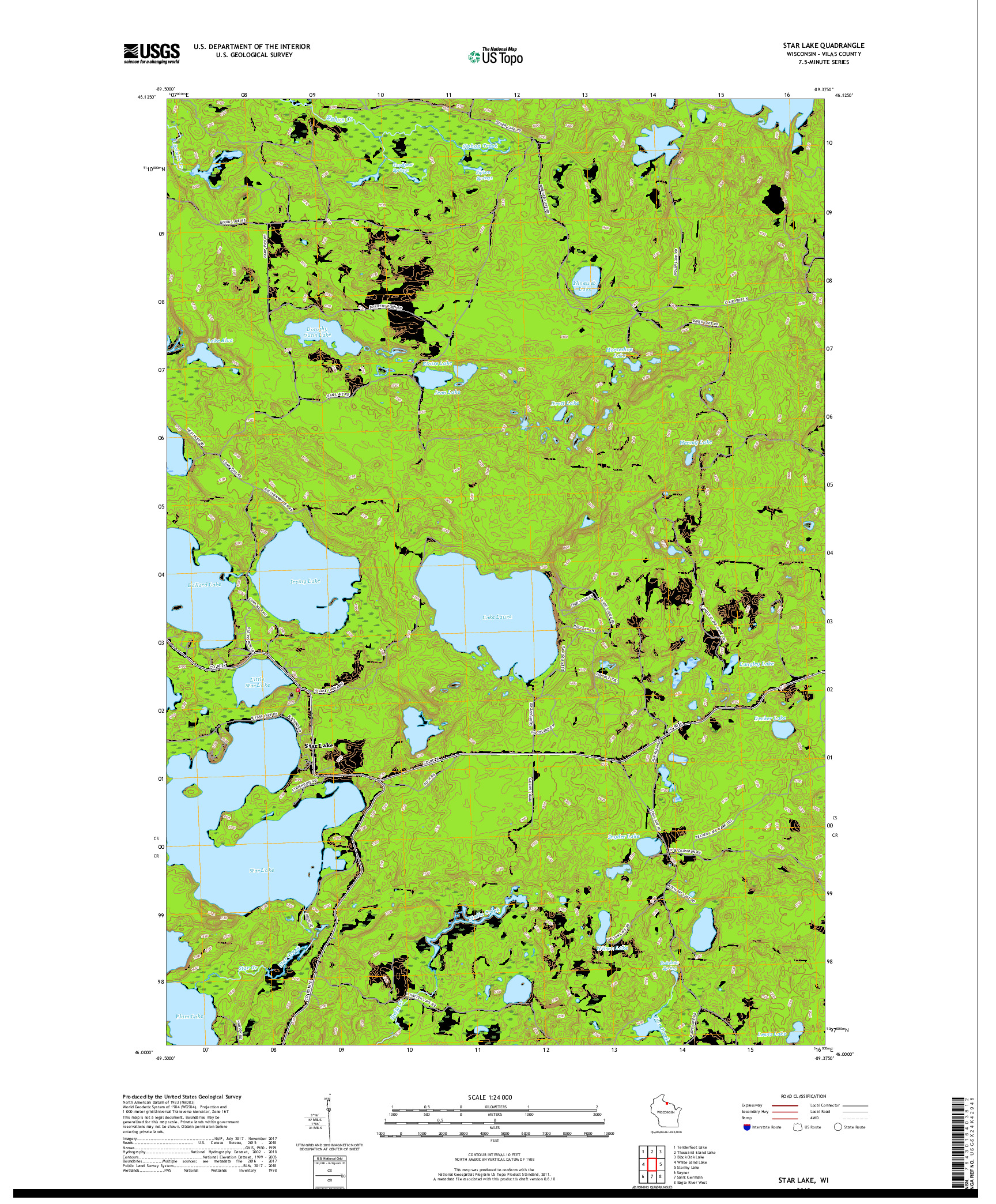 USGS US TOPO 7.5-MINUTE MAP FOR STAR LAKE, WI 2018