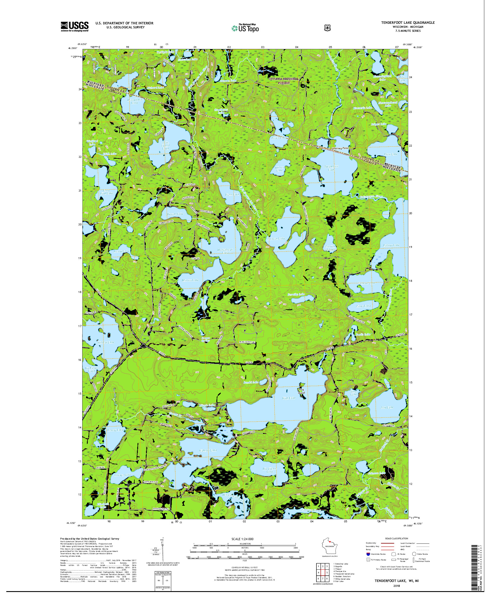 USGS US TOPO 7.5-MINUTE MAP FOR TENDERFOOT LAKE, WI,MI 2018