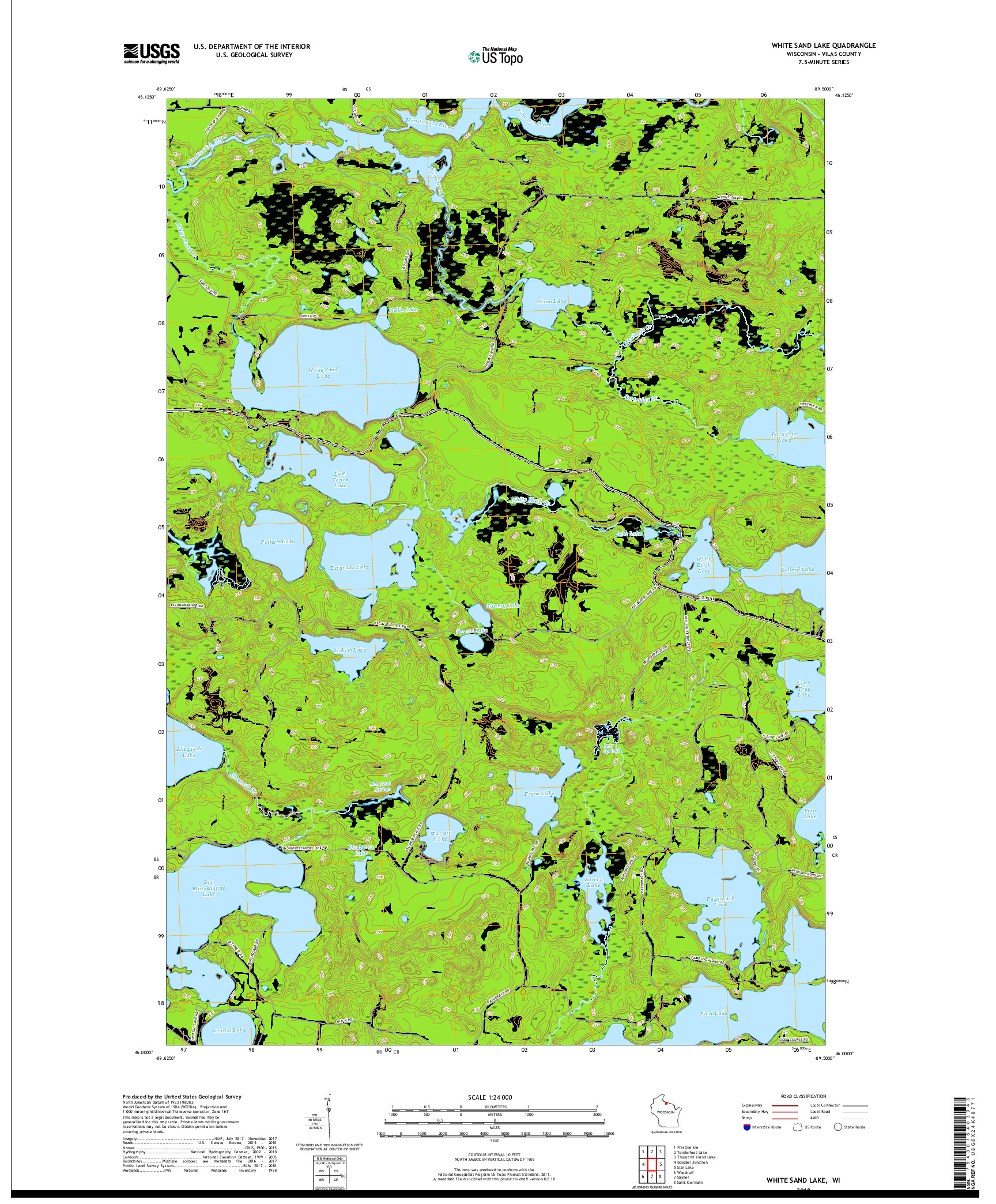 USGS US TOPO 7.5-MINUTE MAP FOR WHITE SAND LAKE, WI 2018
