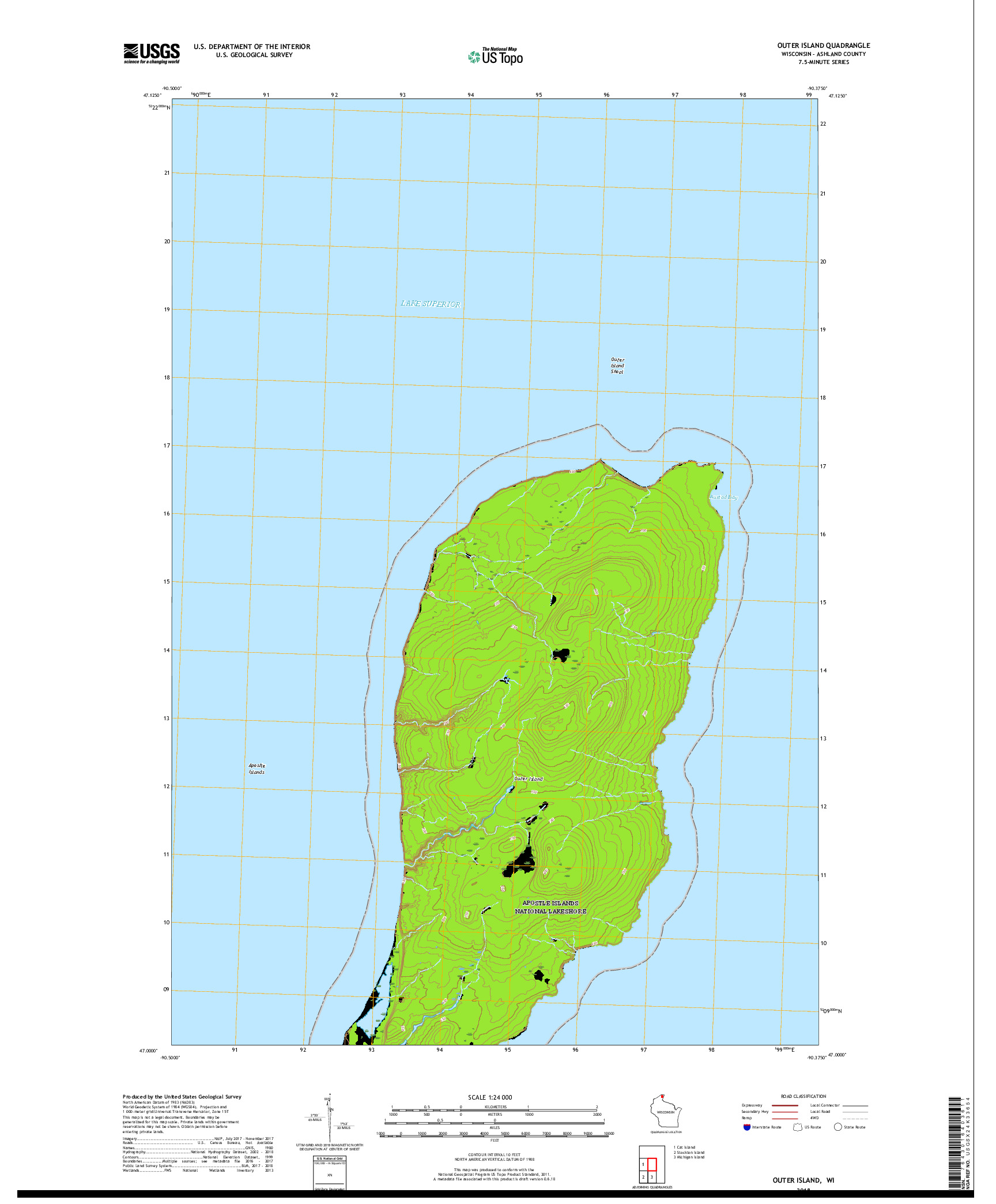 USGS US TOPO 7.5-MINUTE MAP FOR OUTER ISLAND, WI 2018