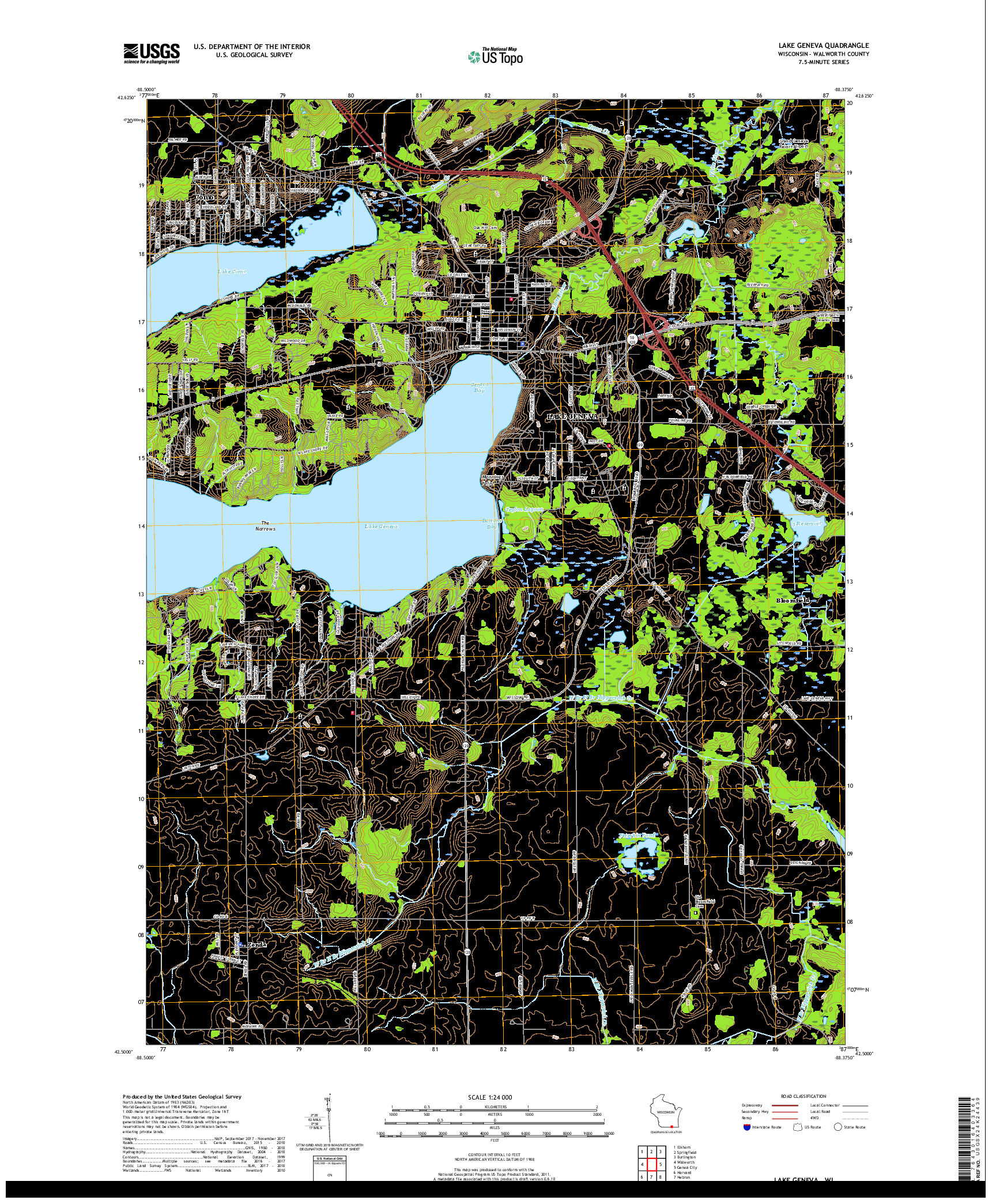 USGS US TOPO 7.5-MINUTE MAP FOR LAKE GENEVA, WI 2018