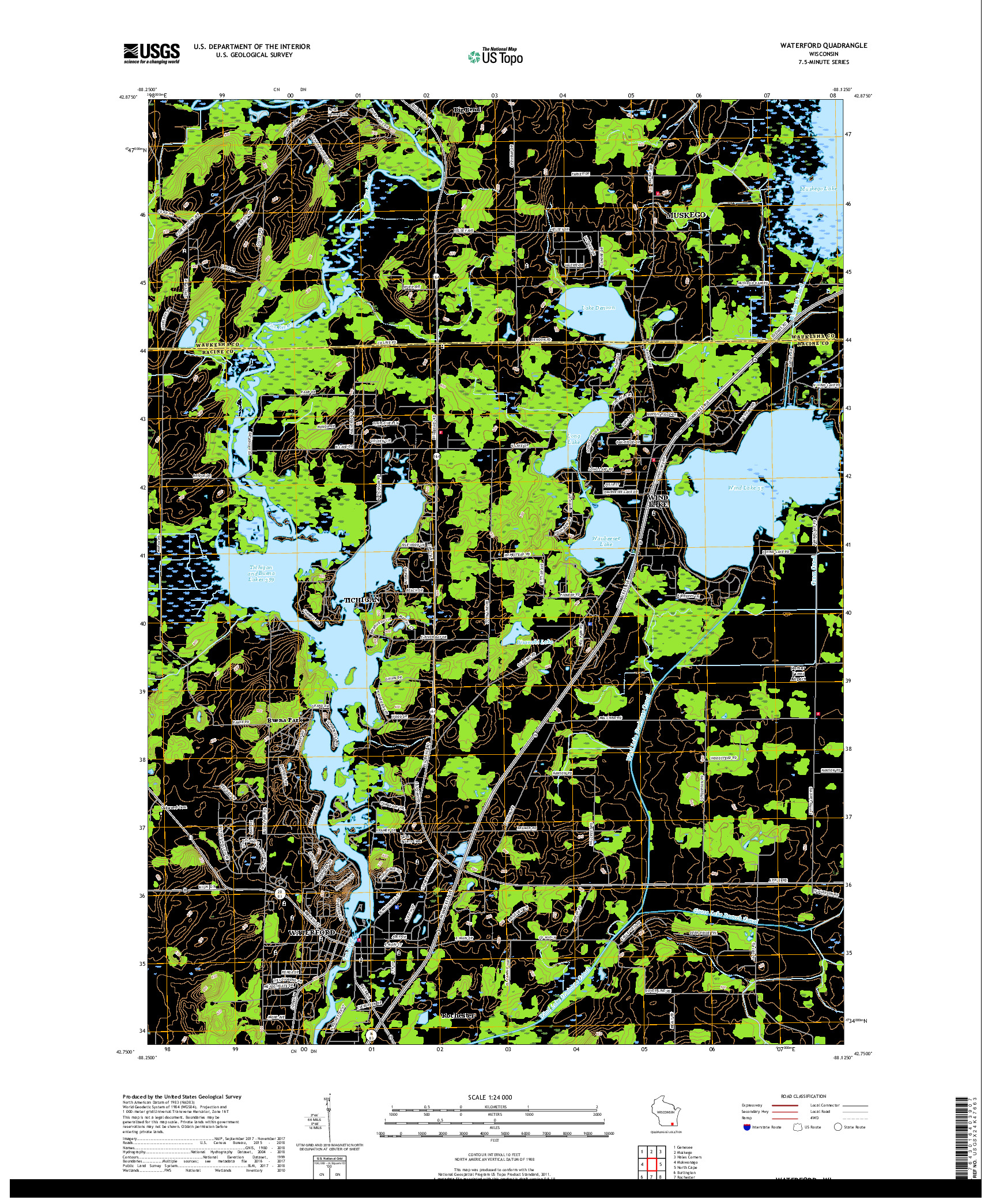 USGS US TOPO 7.5-MINUTE MAP FOR WATERFORD, WI 2018