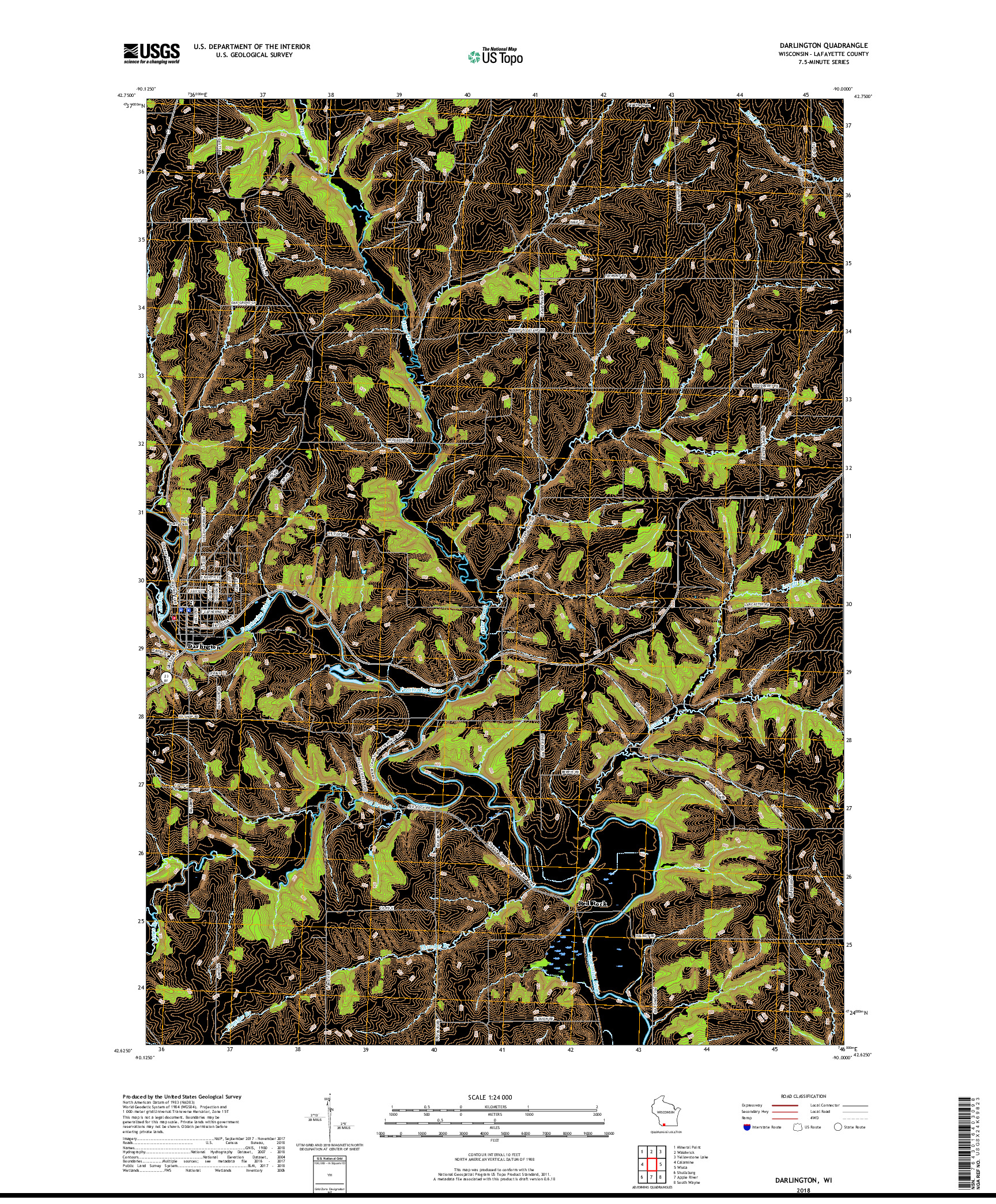 USGS US TOPO 7.5-MINUTE MAP FOR DARLINGTON, WI 2018
