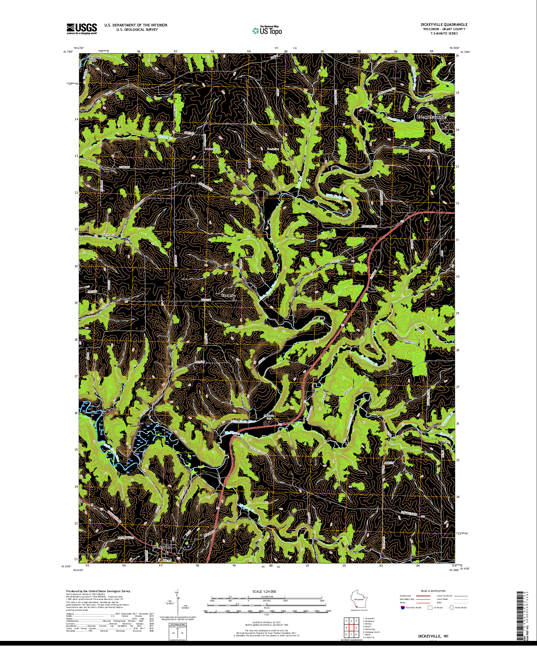 USGS US TOPO 7.5-MINUTE MAP FOR DICKEYVILLE, WI 2018