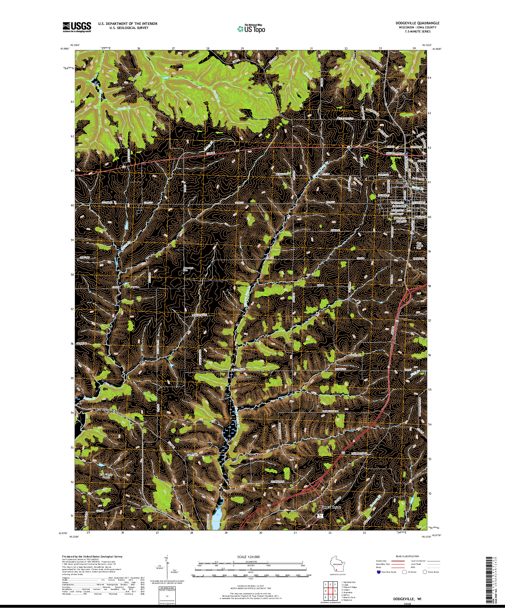 USGS US TOPO 7.5-MINUTE MAP FOR DODGEVILLE, WI 2018