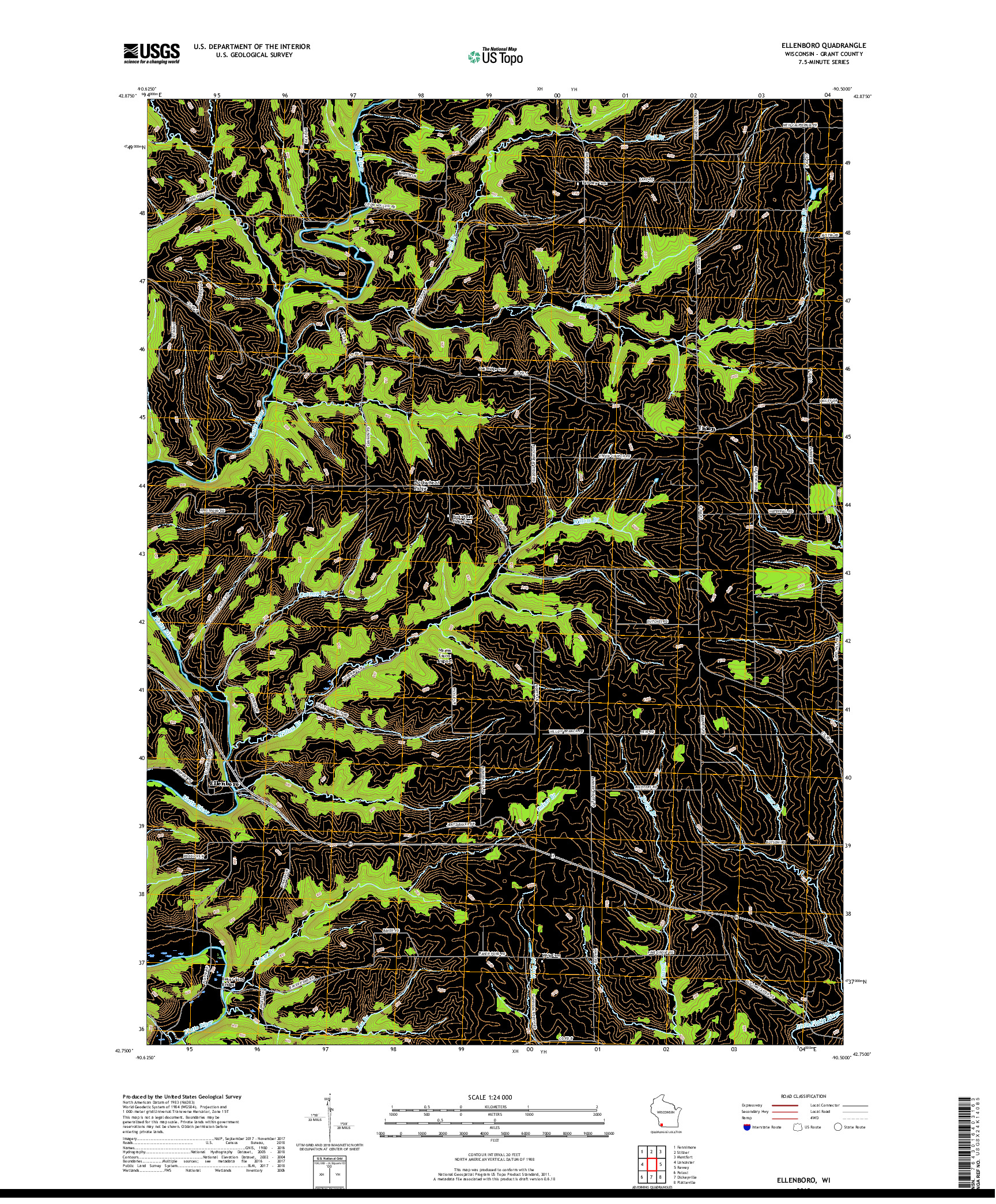 USGS US TOPO 7.5-MINUTE MAP FOR ELLENBORO, WI 2018