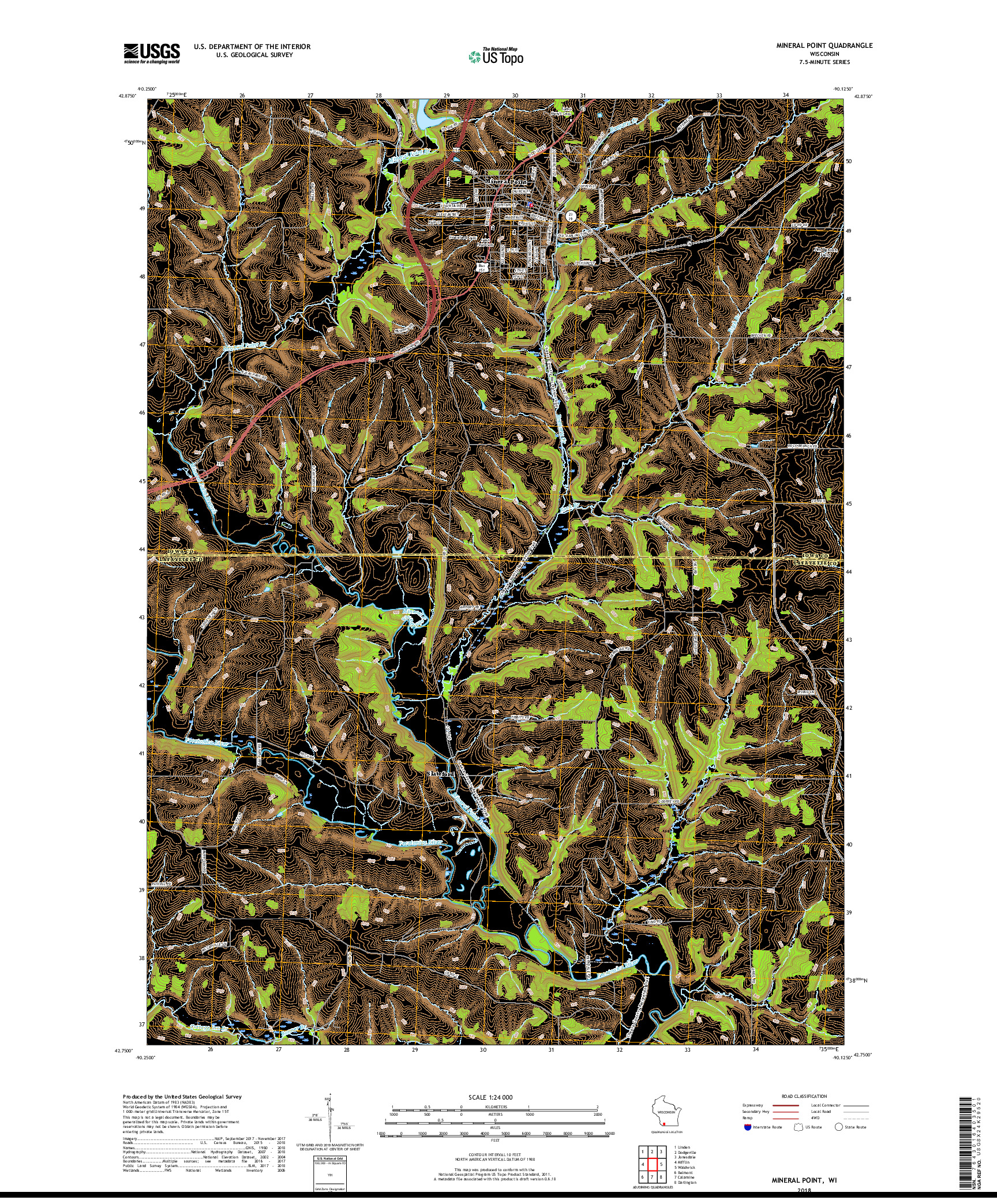 USGS US TOPO 7.5-MINUTE MAP FOR MINERAL POINT, WI 2018