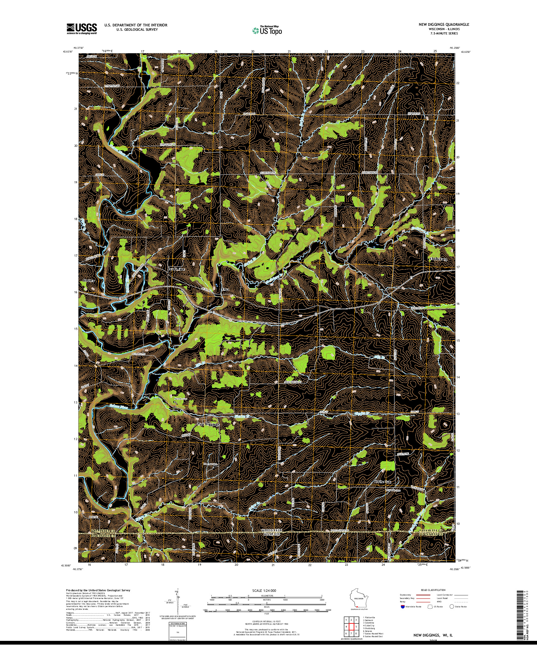 USGS US TOPO 7.5-MINUTE MAP FOR NEW DIGGINGS, WI,IL 2018