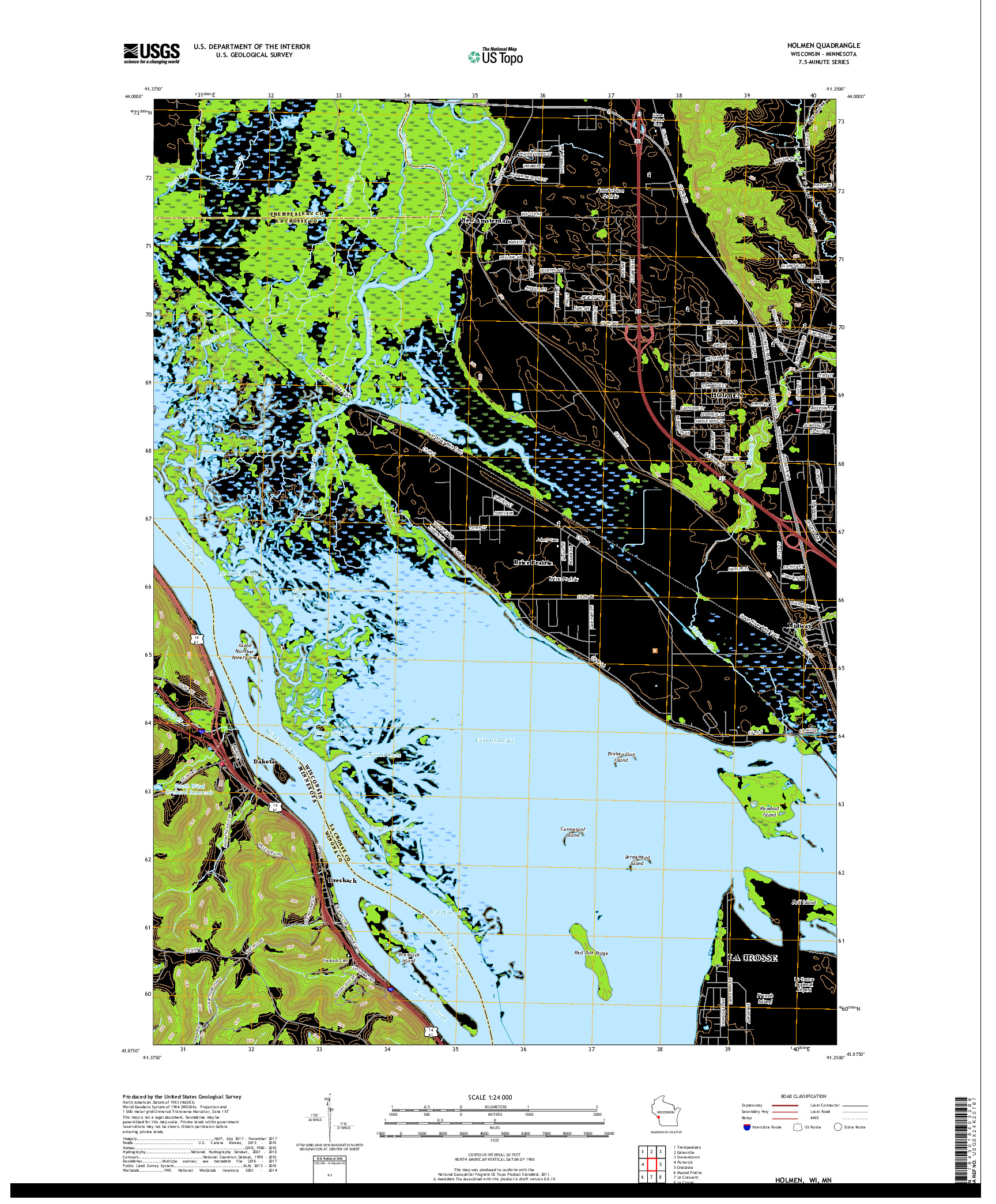 USGS US TOPO 7.5-MINUTE MAP FOR HOLMEN, WI,MN 2018