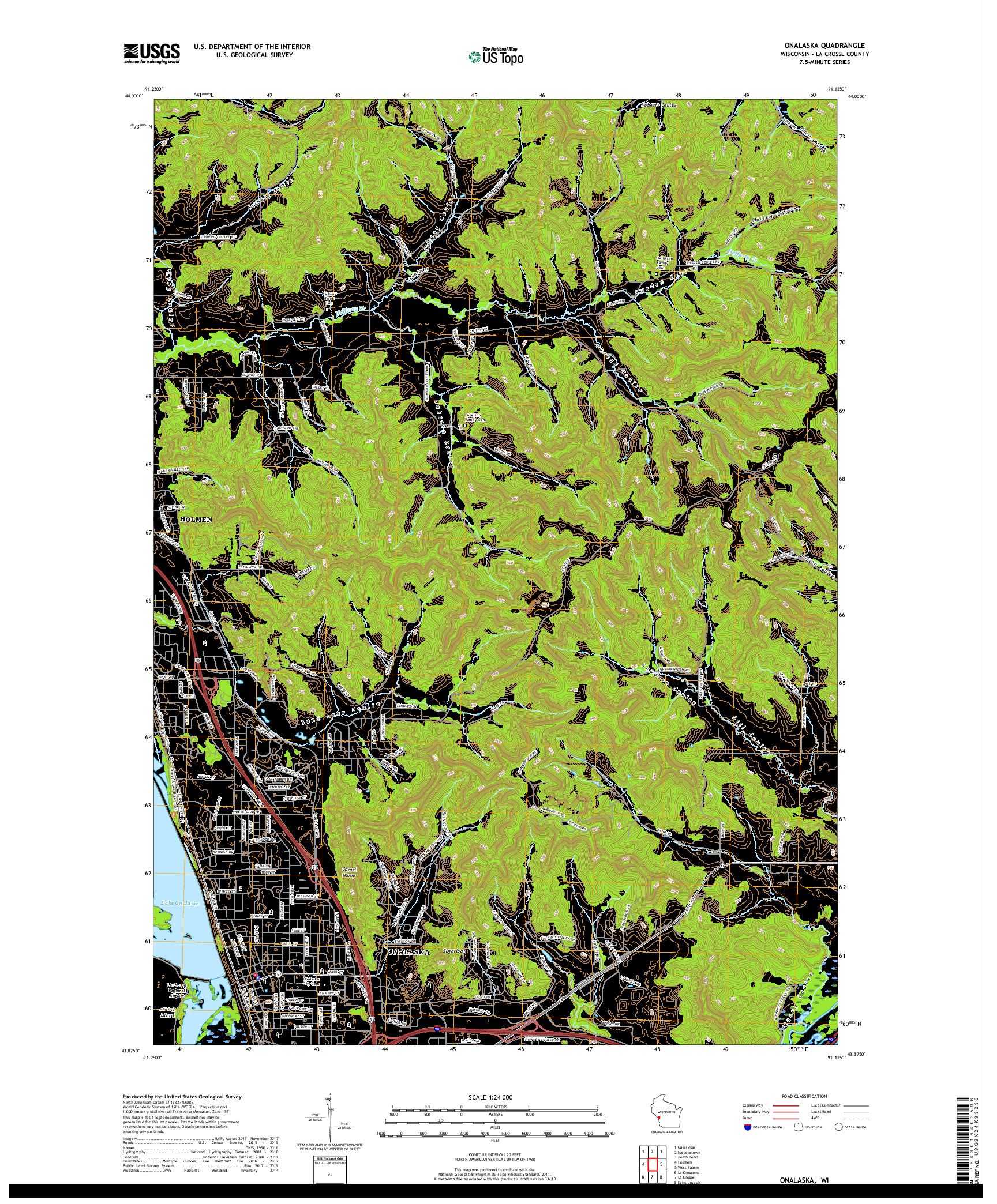 USGS US TOPO 7.5-MINUTE MAP FOR ONALASKA, WI 2018