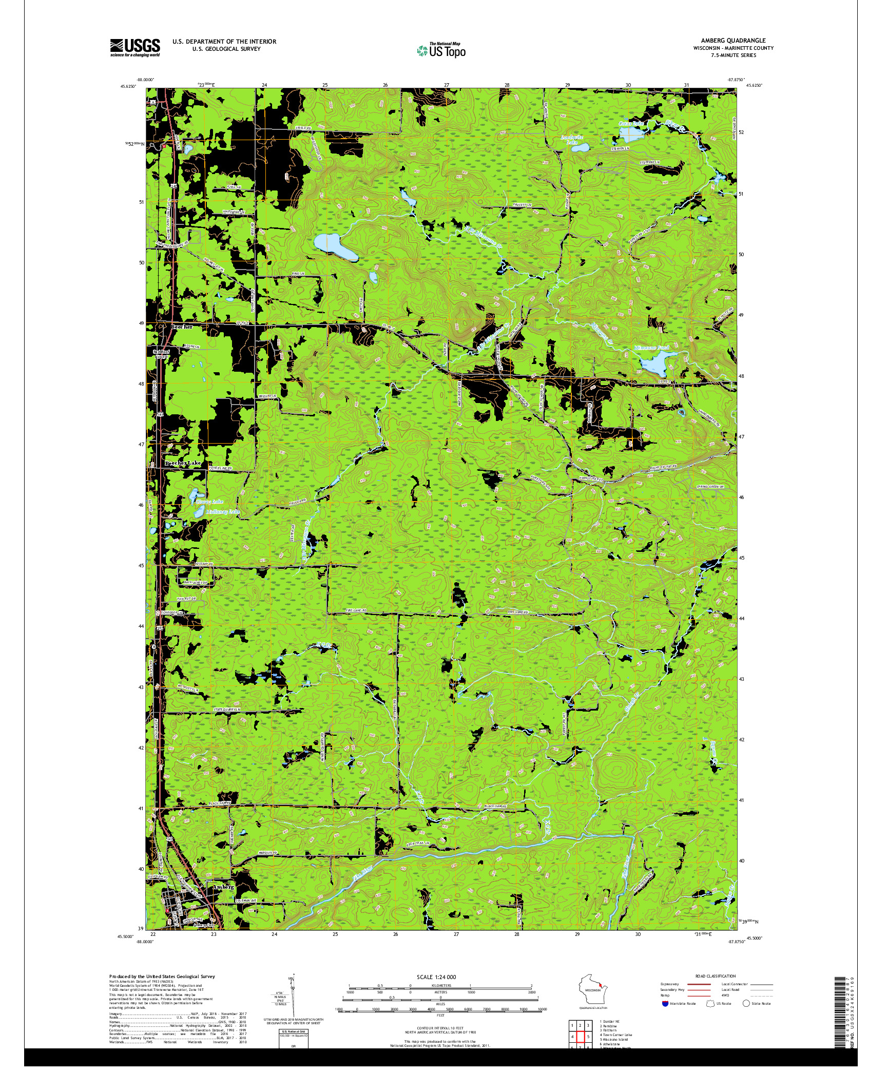USGS US TOPO 7.5-MINUTE MAP FOR AMBERG, WI 2018