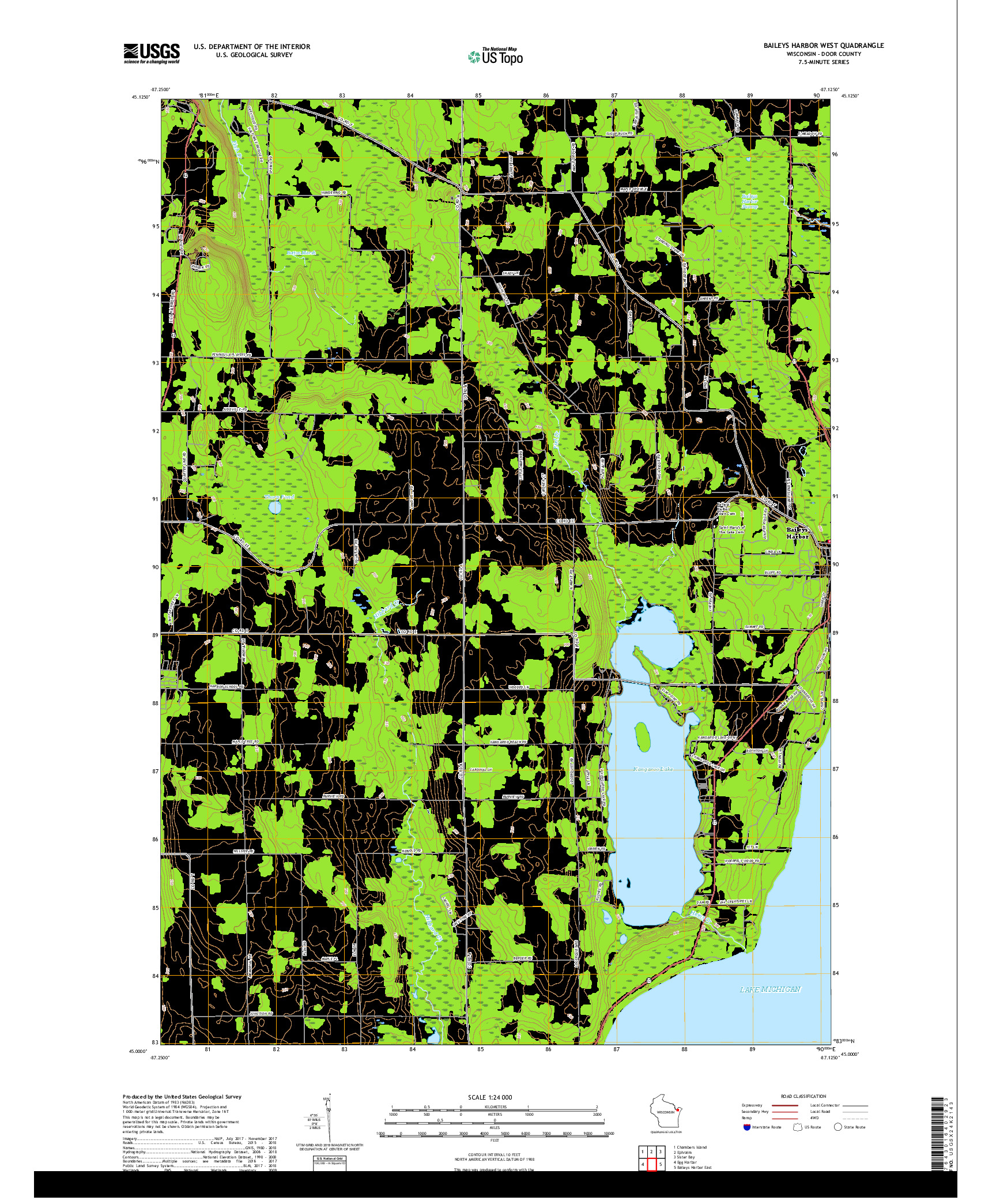 USGS US TOPO 7.5-MINUTE MAP FOR BAILEYS HARBOR WEST, WI 2018