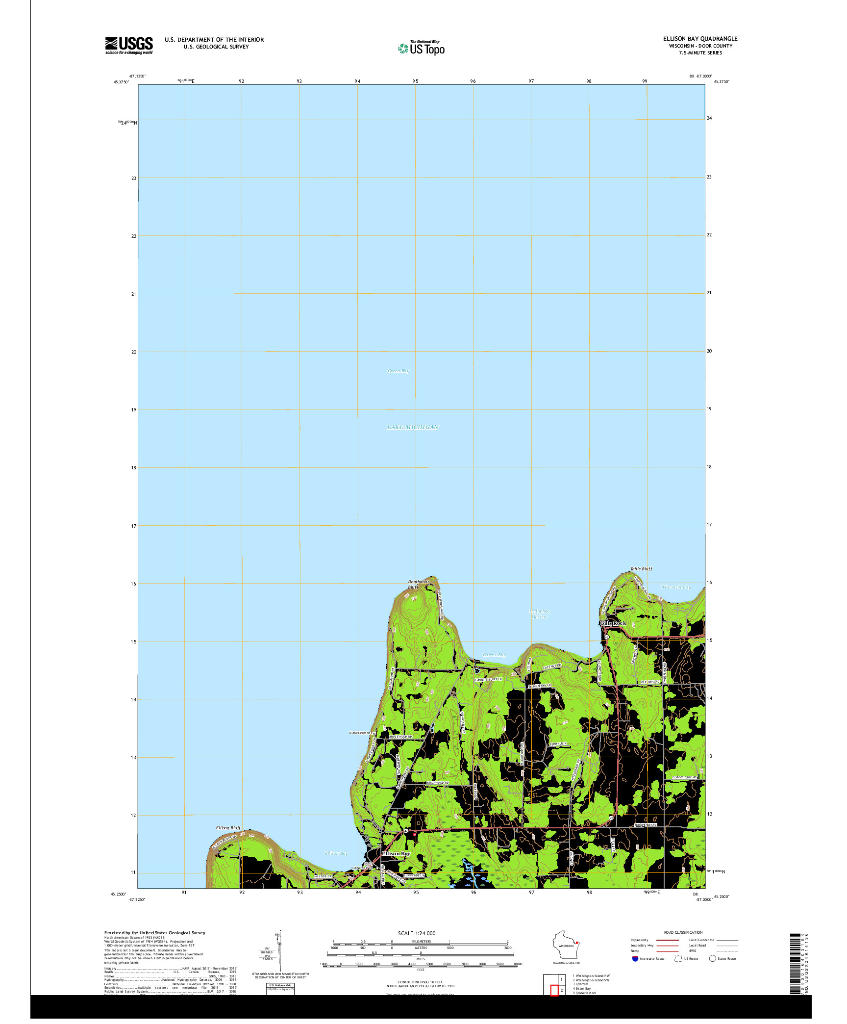 USGS US TOPO 7.5-MINUTE MAP FOR ELLISON BAY, WI 2018