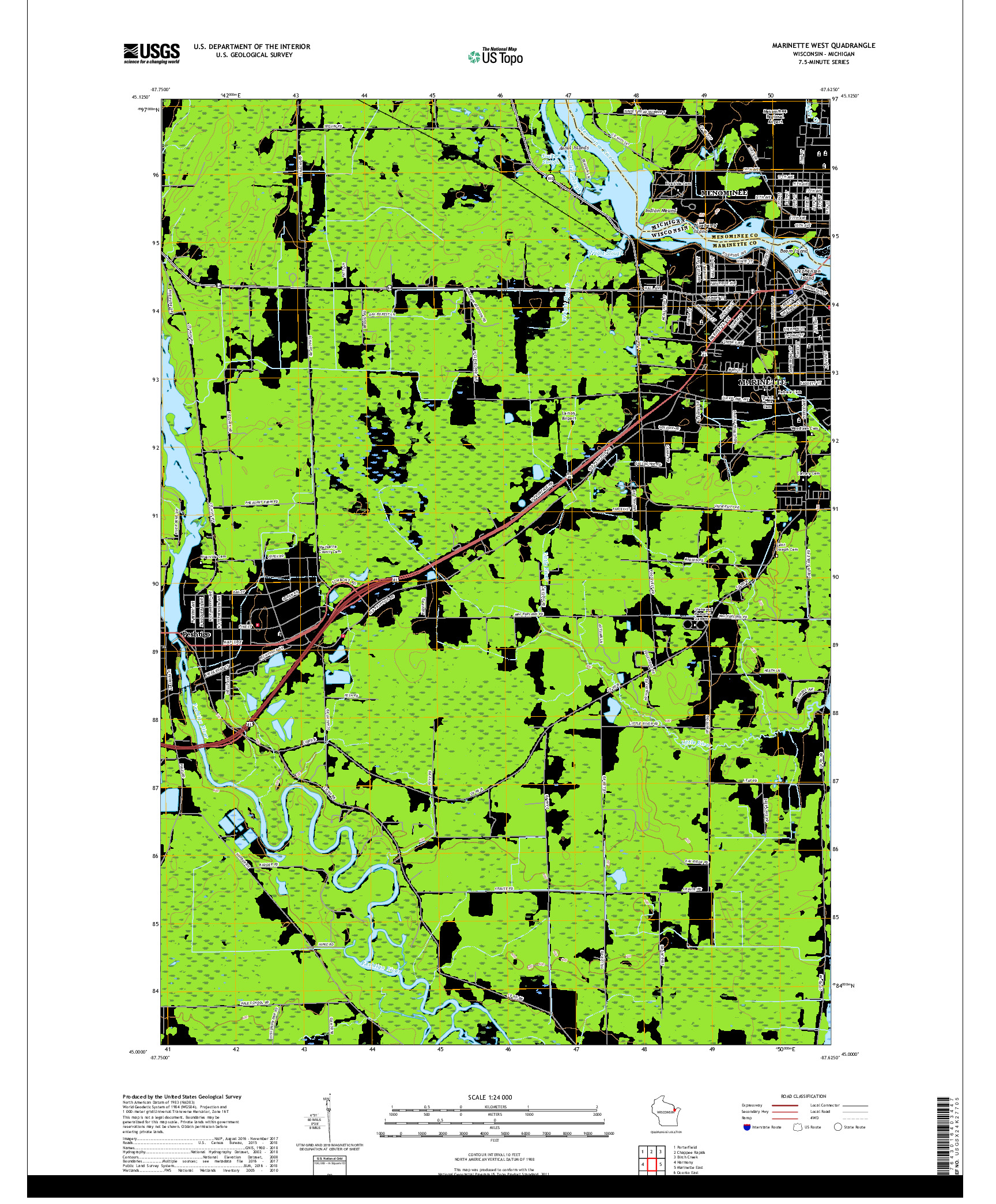 USGS US TOPO 7.5-MINUTE MAP FOR MARINETTE WEST, WI,MI 2018